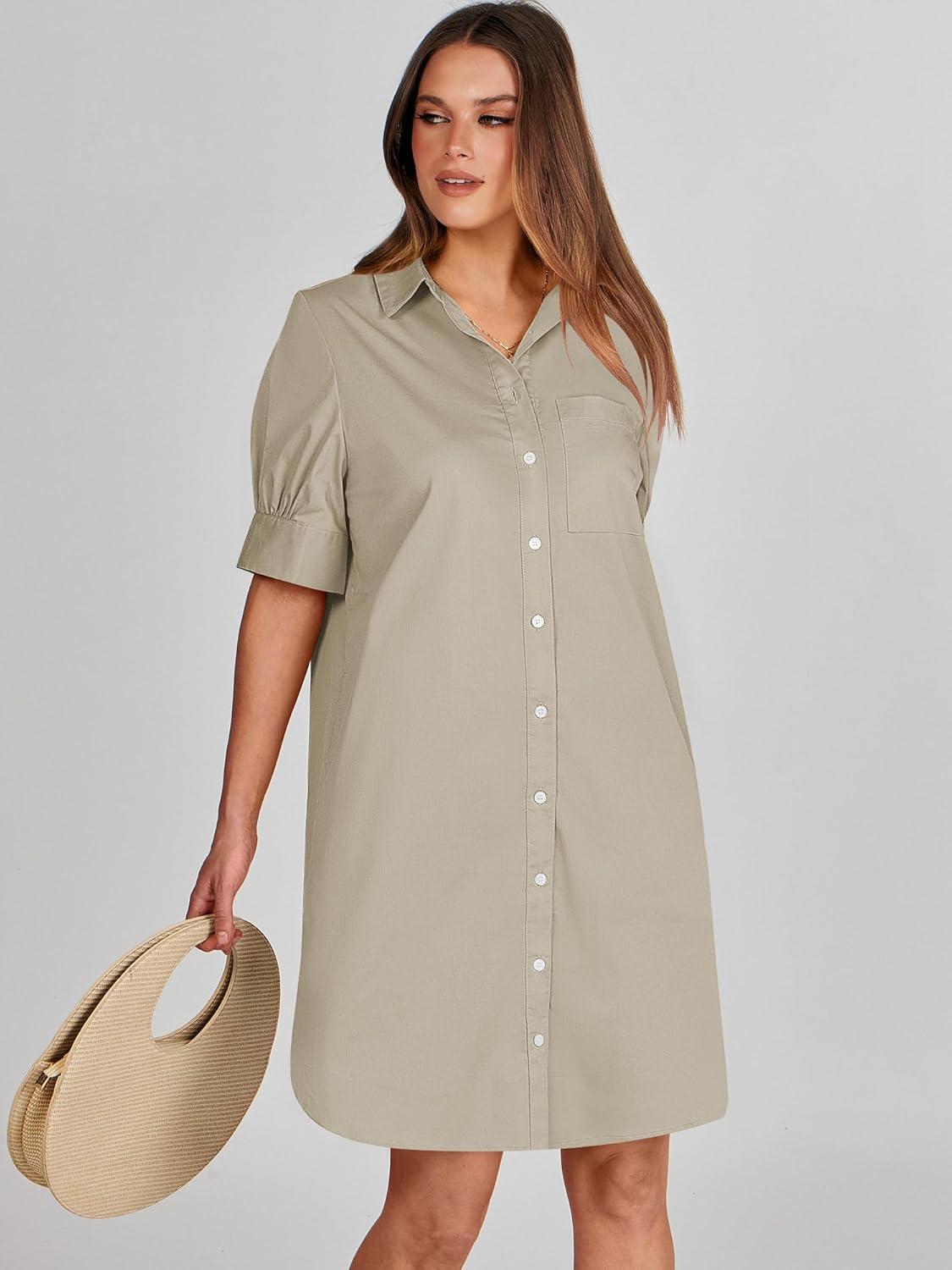 imageANRABESS Womens Button Down Shirt Dress Summer Short Sleeve Business Casual Shift Dresses with Pockets 2025 TrendyKhaki