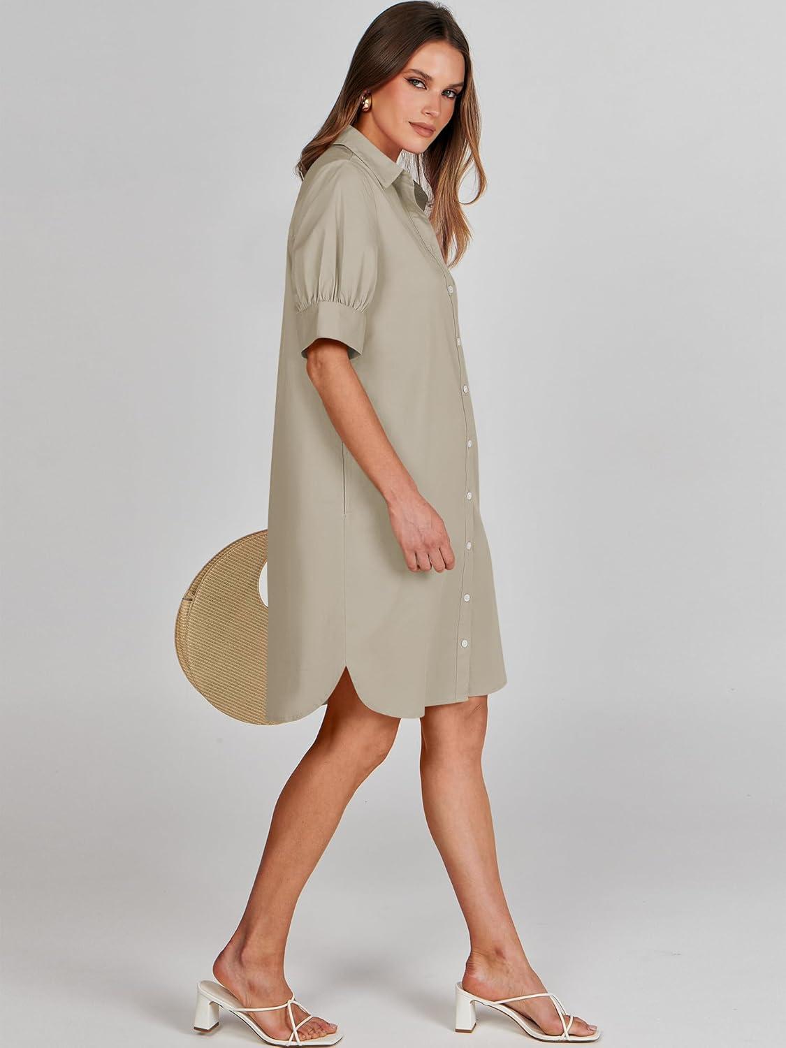 imageANRABESS Womens Button Down Shirt Dress Summer Short Sleeve Business Casual Shift Dresses with Pockets 2025 TrendyKhaki