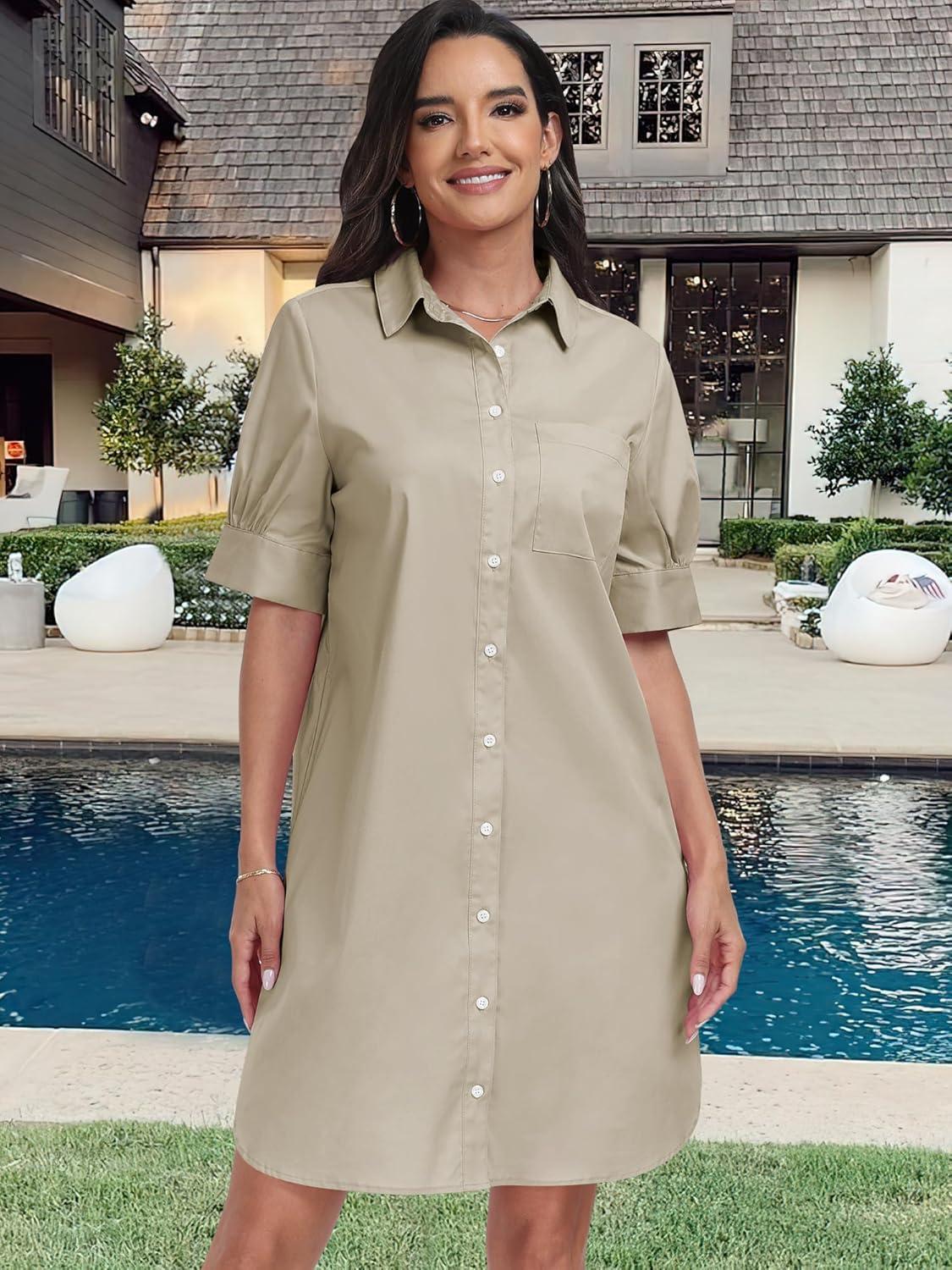imageANRABESS Womens Button Down Shirt Dress Summer Short Sleeve Business Casual Shift Dresses with Pockets 2025 TrendyKhaki