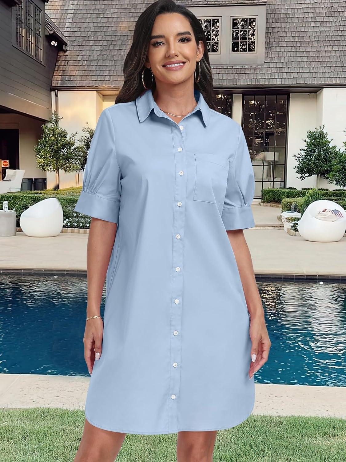 imageANRABESS Womens Button Down Shirt Dress Summer Short Sleeve Business Casual Shift Dresses with Pockets 2025 TrendyLight Blue