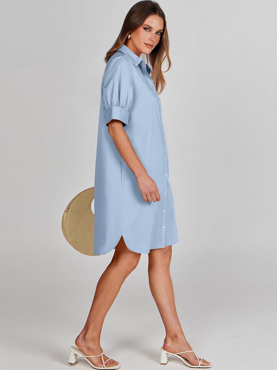 imageANRABESS Womens Button Down Shirt Dress Summer Short Sleeve Business Casual Shift Dresses with Pockets 2025 TrendyLight Blue