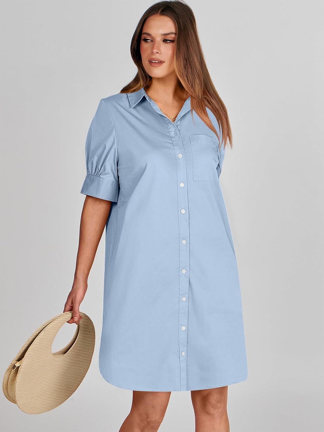 imageANRABESS Womens Button Down Shirt Dress Summer Short Sleeve Business Casual Shift Dresses with Pockets 2025 TrendyLight Blue
