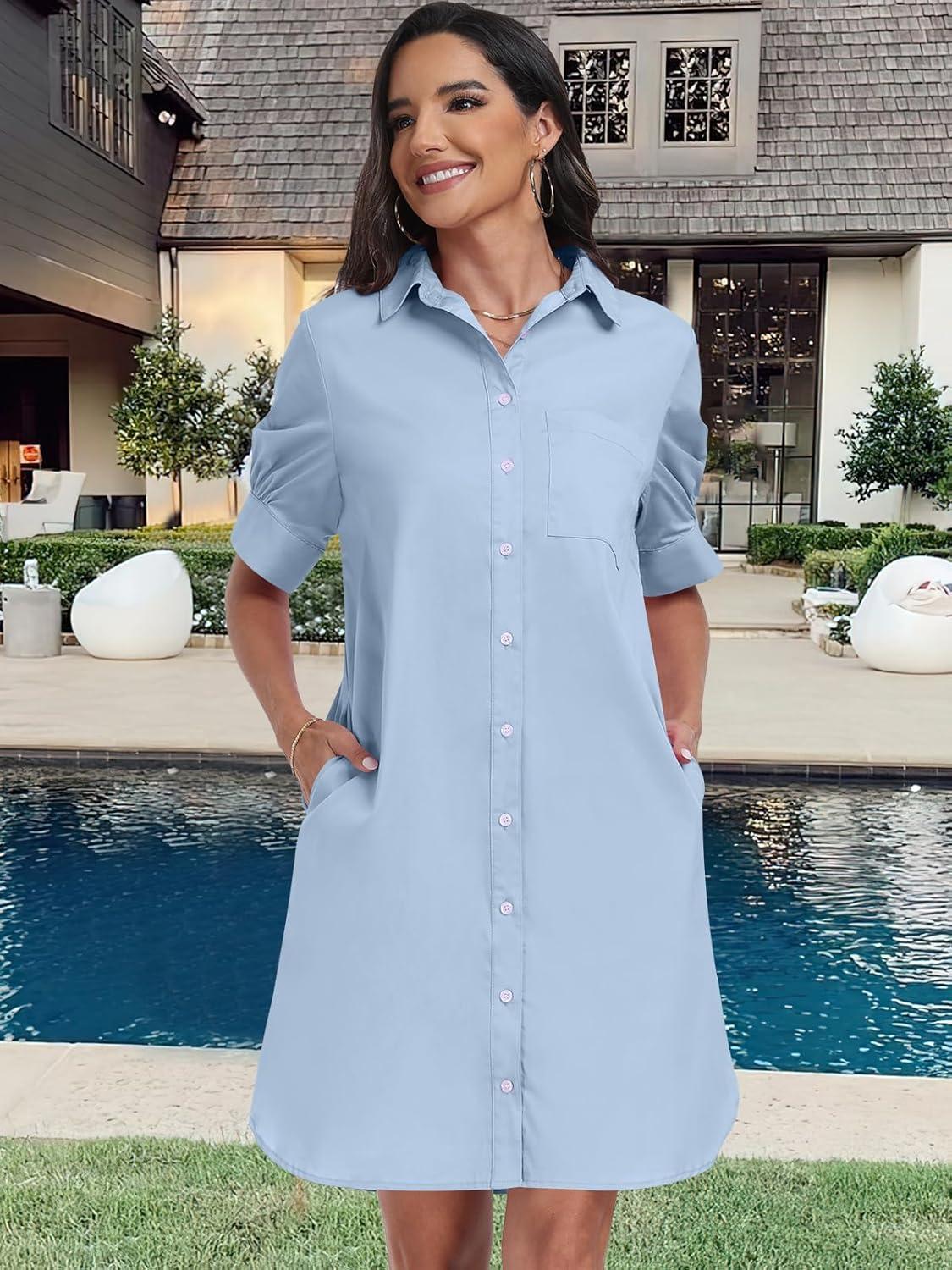 imageANRABESS Womens Button Down Shirt Dress Summer Short Sleeve Business Casual Shift Dresses with Pockets 2025 TrendyLight Blue