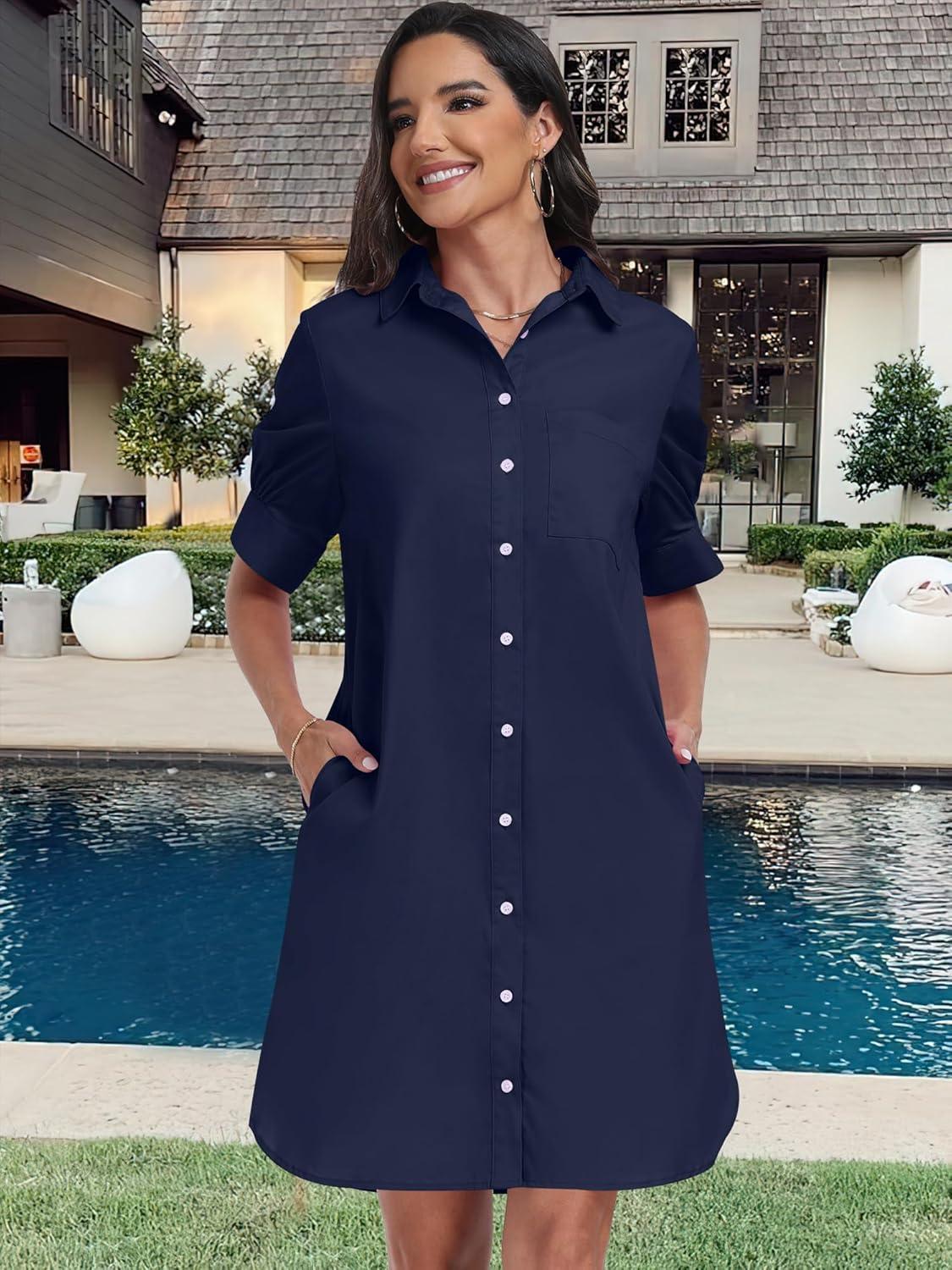 imageANRABESS Womens Button Down Shirt Dress Summer Short Sleeve Business Casual Shift Dresses with Pockets 2025 TrendyNavy Blue