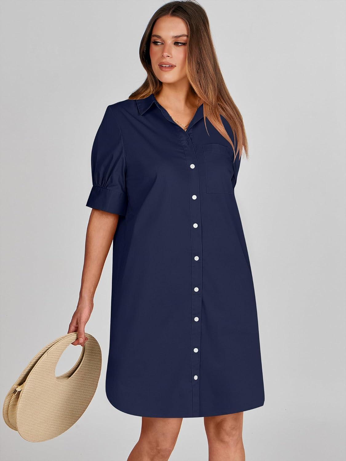 imageANRABESS Womens Button Down Shirt Dress Summer Short Sleeve Business Casual Shift Dresses with Pockets 2025 TrendyNavy Blue