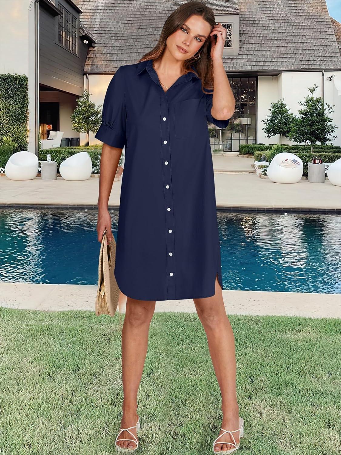 imageANRABESS Womens Button Down Shirt Dress Summer Short Sleeve Business Casual Shift Dresses with Pockets 2025 TrendyNavy Blue