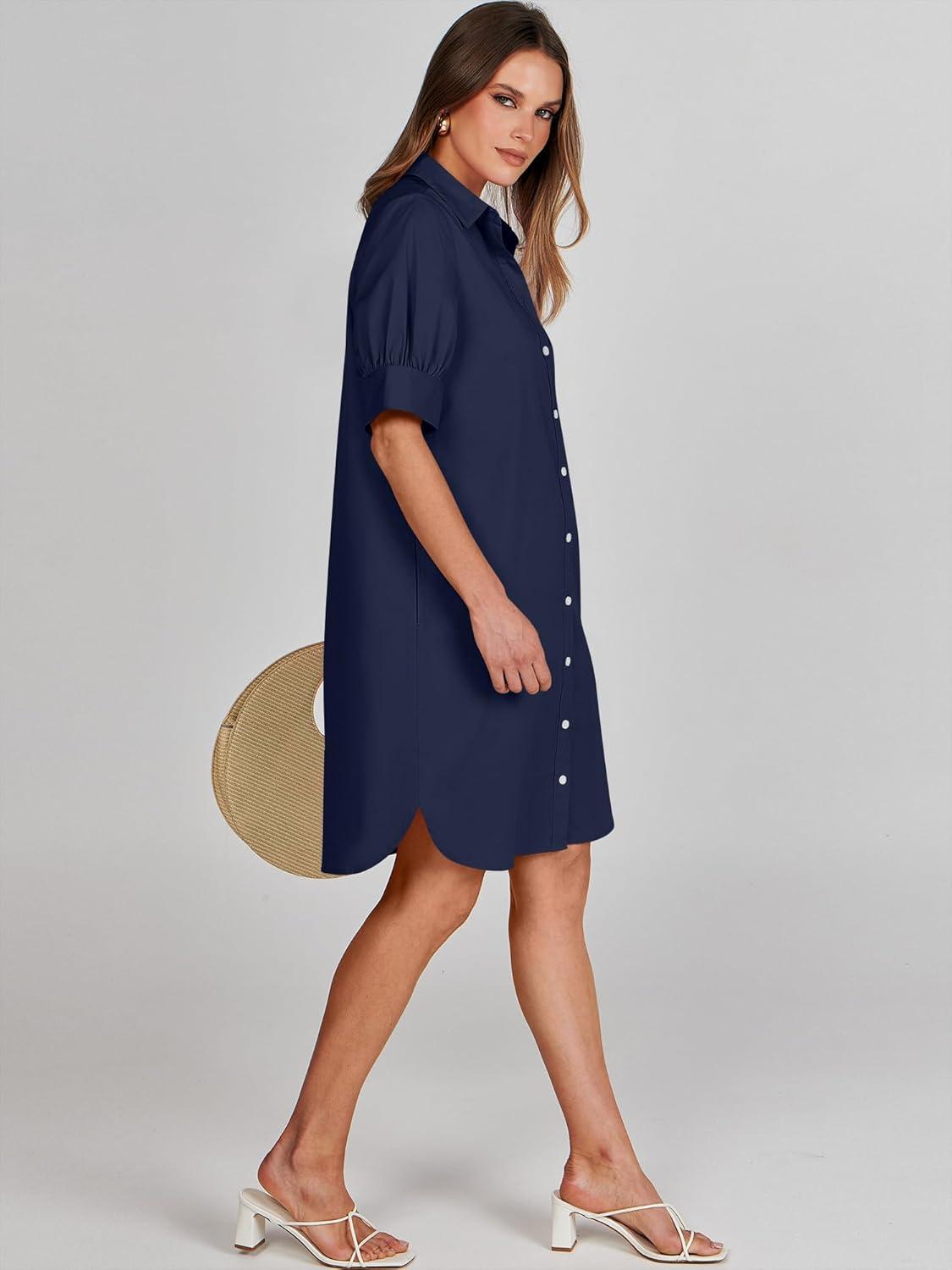imageANRABESS Womens Button Down Shirt Dress Summer Short Sleeve Business Casual Shift Dresses with Pockets 2025 TrendyNavy Blue