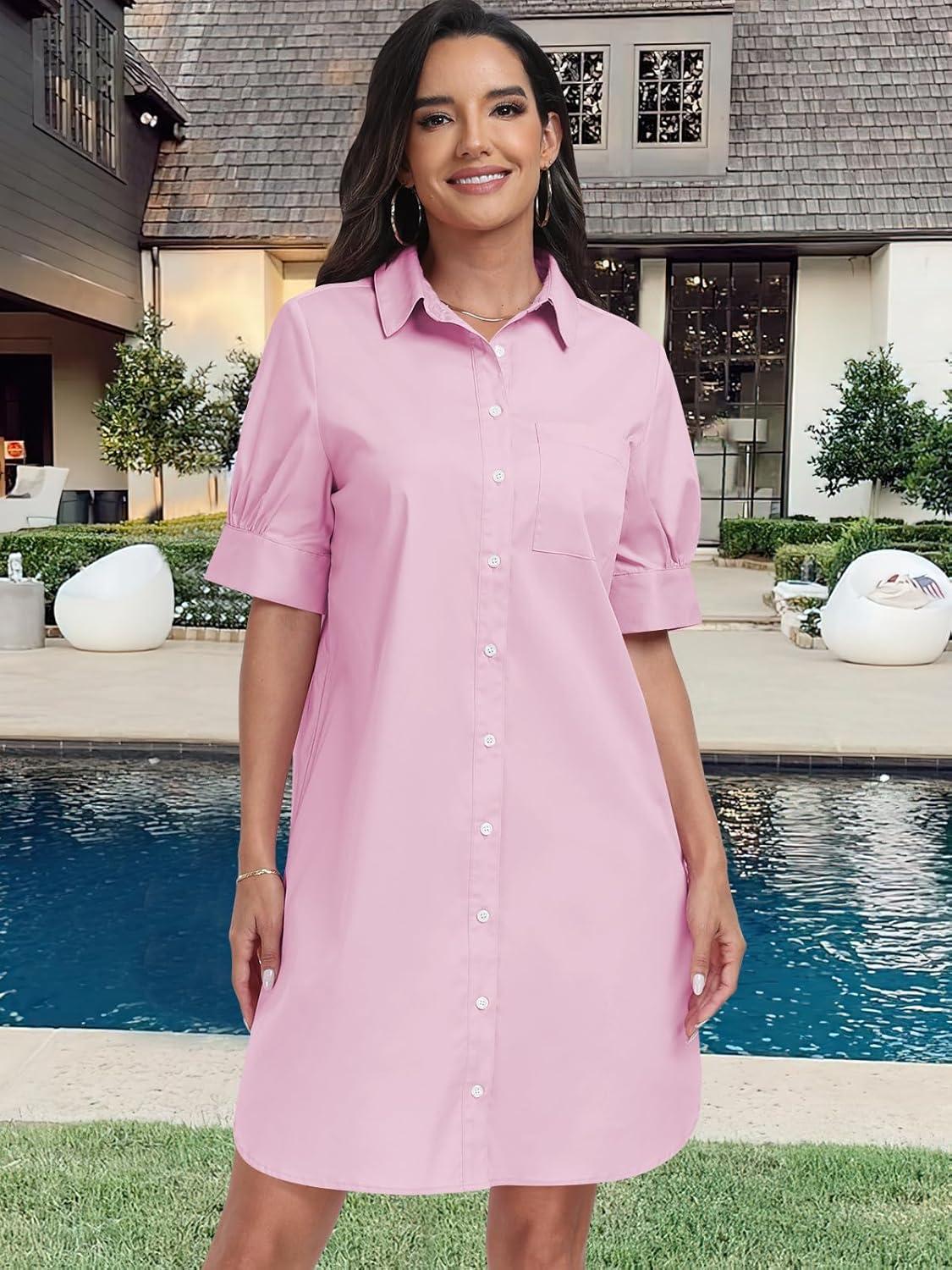 imageANRABESS Womens Button Down Shirt Dress Summer Short Sleeve Business Casual Shift Dresses with Pockets 2025 TrendyPink