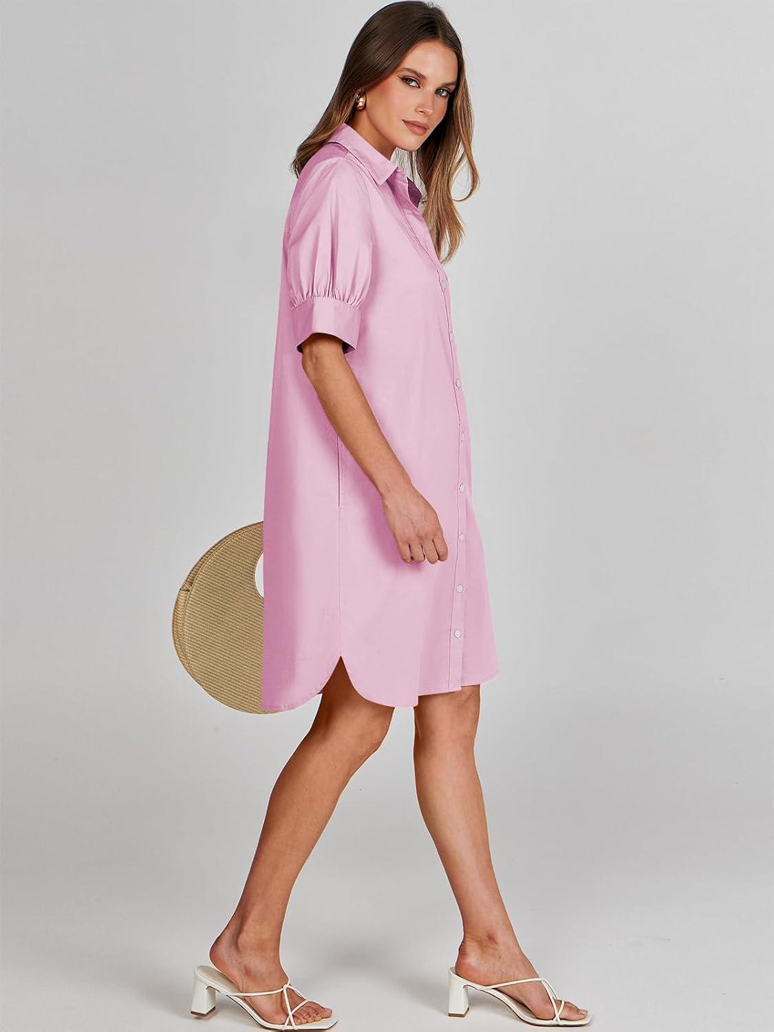 imageANRABESS Womens Button Down Shirt Dress Summer Short Sleeve Business Casual Shift Dresses with Pockets 2025 TrendyPink