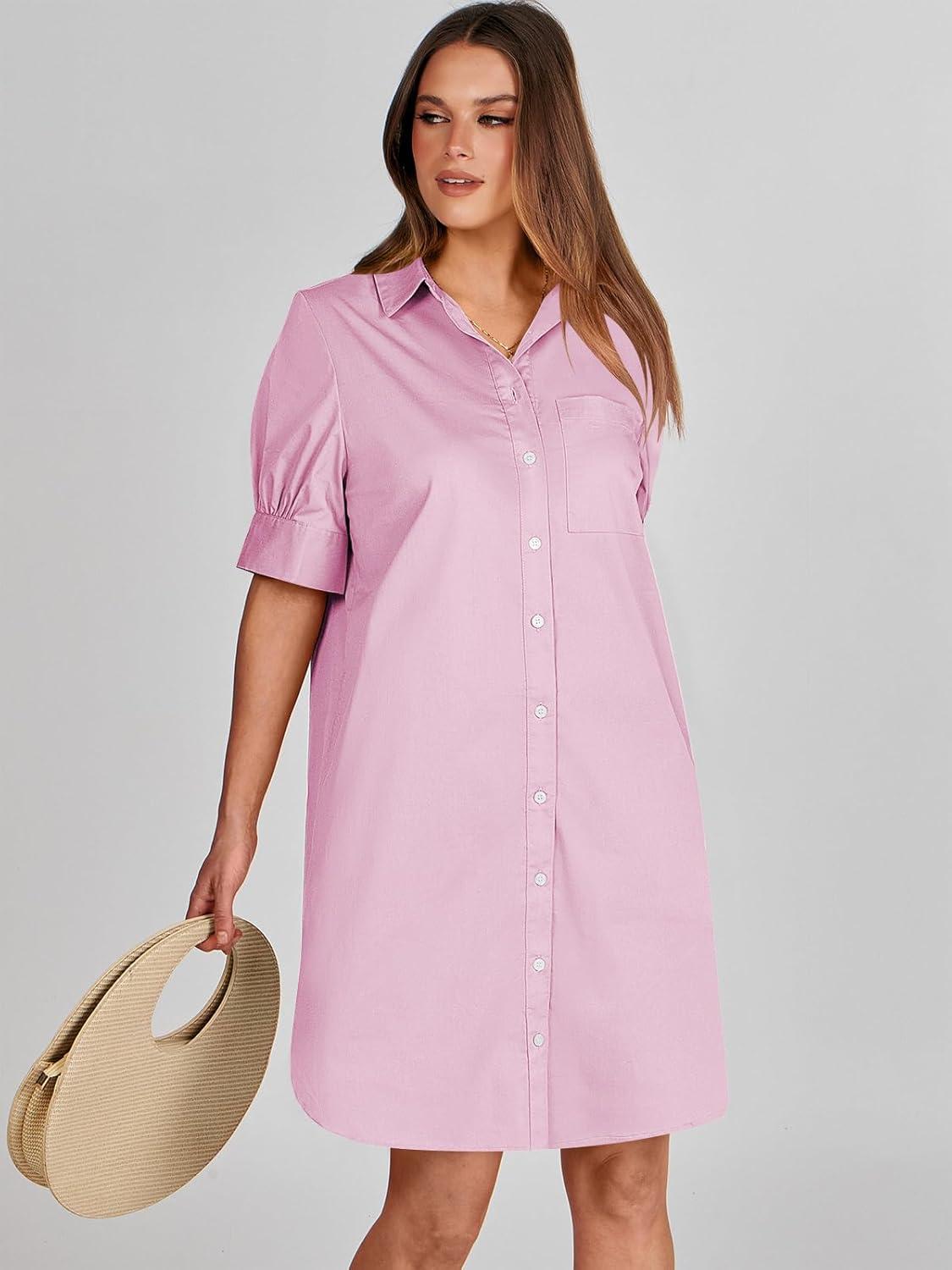 imageANRABESS Womens Button Down Shirt Dress Summer Short Sleeve Business Casual Shift Dresses with Pockets 2025 TrendyPink