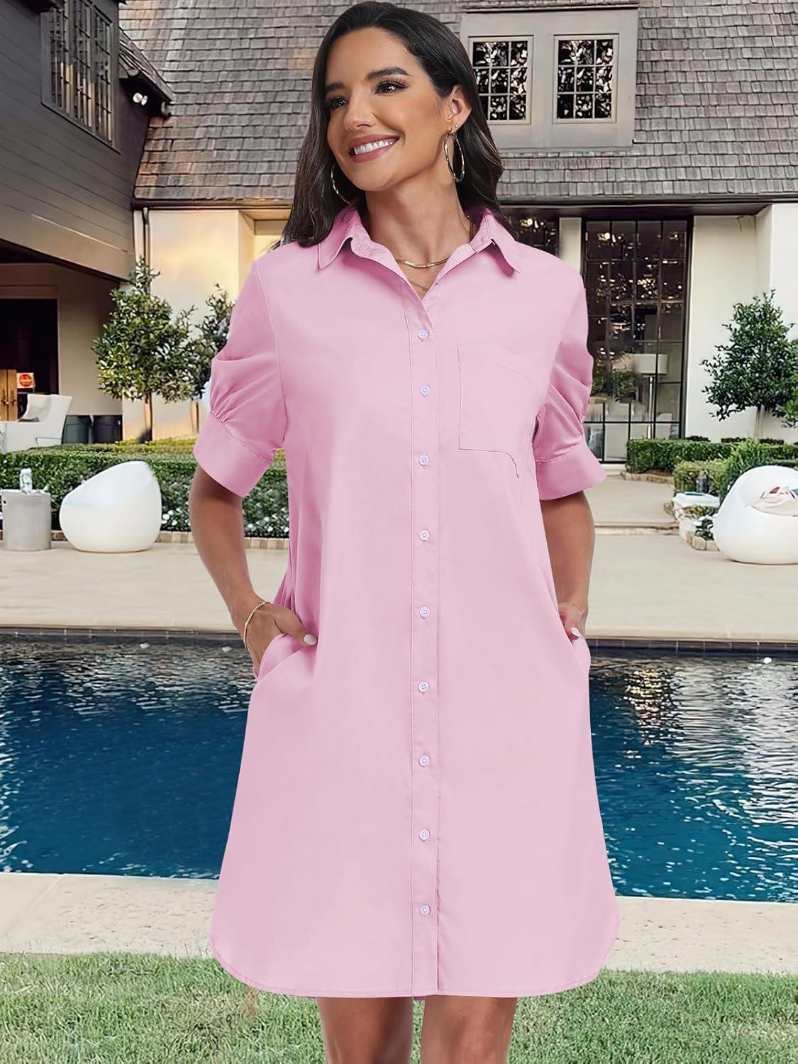imageANRABESS Womens Button Down Shirt Dress Summer Short Sleeve Business Casual Shift Dresses with Pockets 2025 TrendyPink