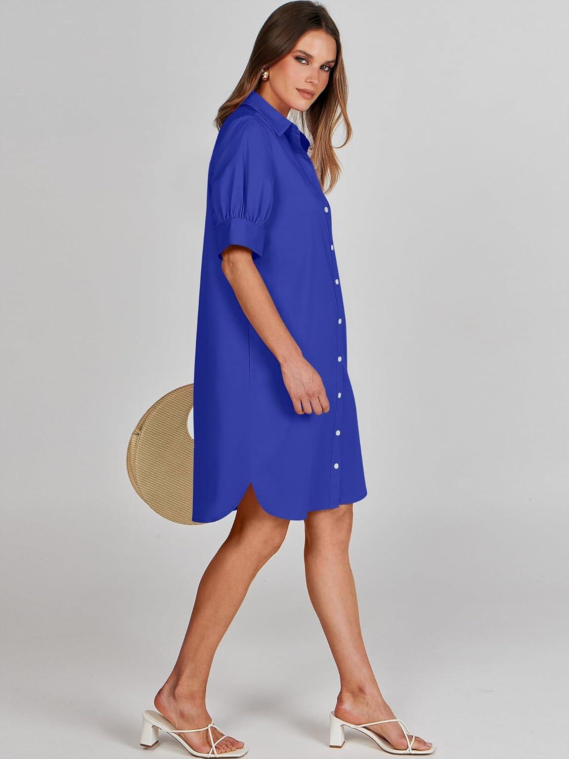 imageANRABESS Womens Button Down Shirt Dress Summer Short Sleeve Business Casual Shift Dresses with Pockets 2025 TrendyRoyal Blue