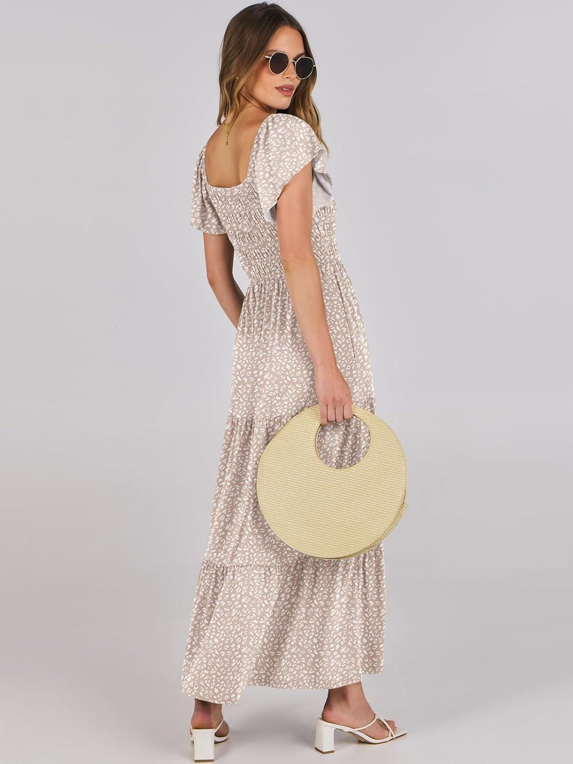 imageANRABESS Womens Casual Summer Maxi Dress Flutter Short Sleeve Scoop Neck Smocked A Line Flowy Beach Vacation Long DressesBeige Floral