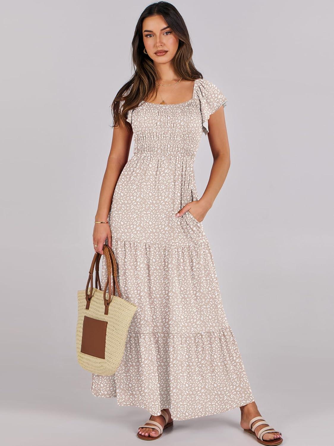 imageANRABESS Womens Casual Summer Maxi Dress Flutter Short Sleeve Scoop Neck Smocked A Line Flowy Beach Vacation Long DressesBeige Floral