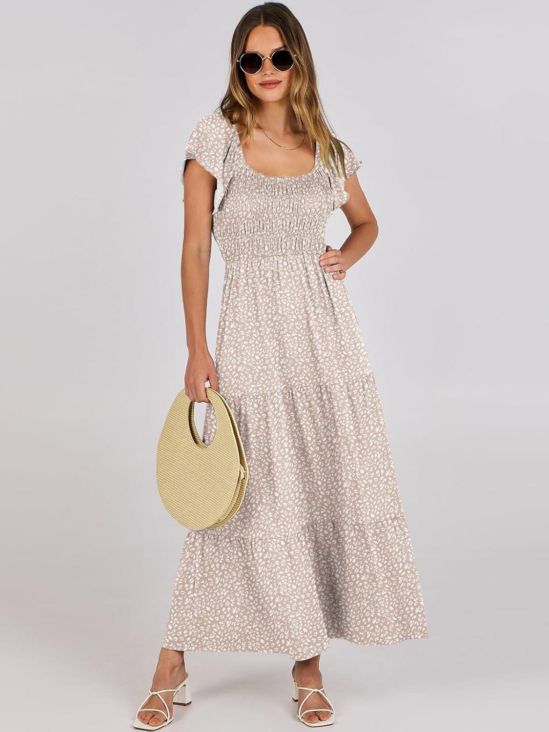 imageANRABESS Womens Casual Summer Maxi Dress Flutter Short Sleeve Scoop Neck Smocked A Line Flowy Beach Vacation Long DressesBeige Floral