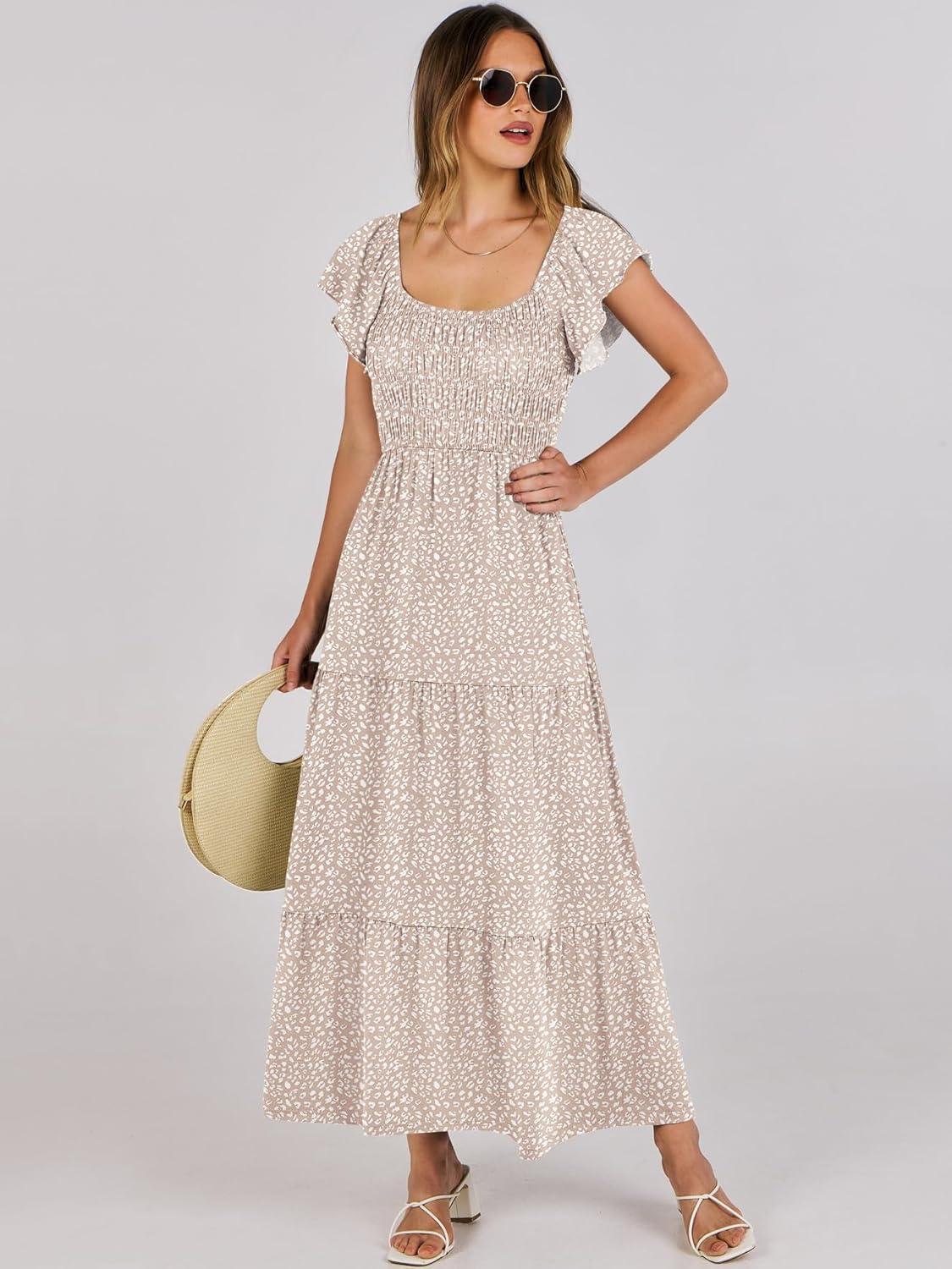 imageANRABESS Womens Casual Summer Maxi Dress Flutter Short Sleeve Scoop Neck Smocked A Line Flowy Beach Vacation Long DressesBeige Floral