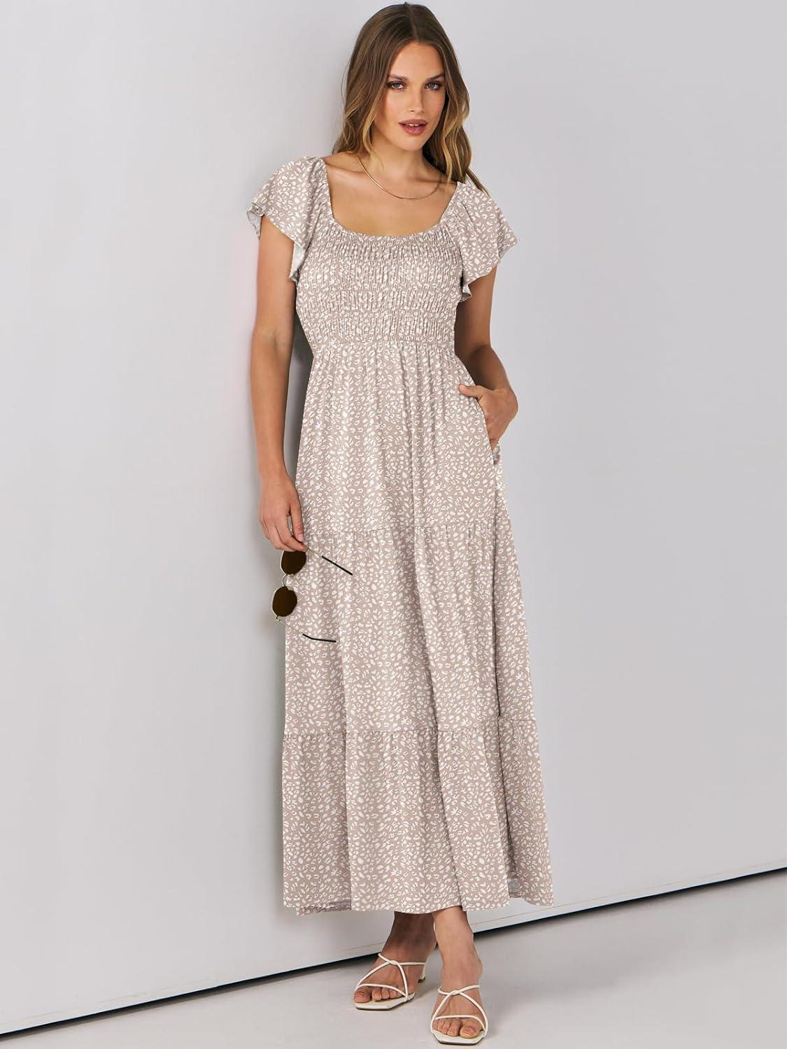 imageANRABESS Womens Casual Summer Maxi Dress Flutter Short Sleeve Scoop Neck Smocked A Line Flowy Beach Vacation Long DressesBeige Floral