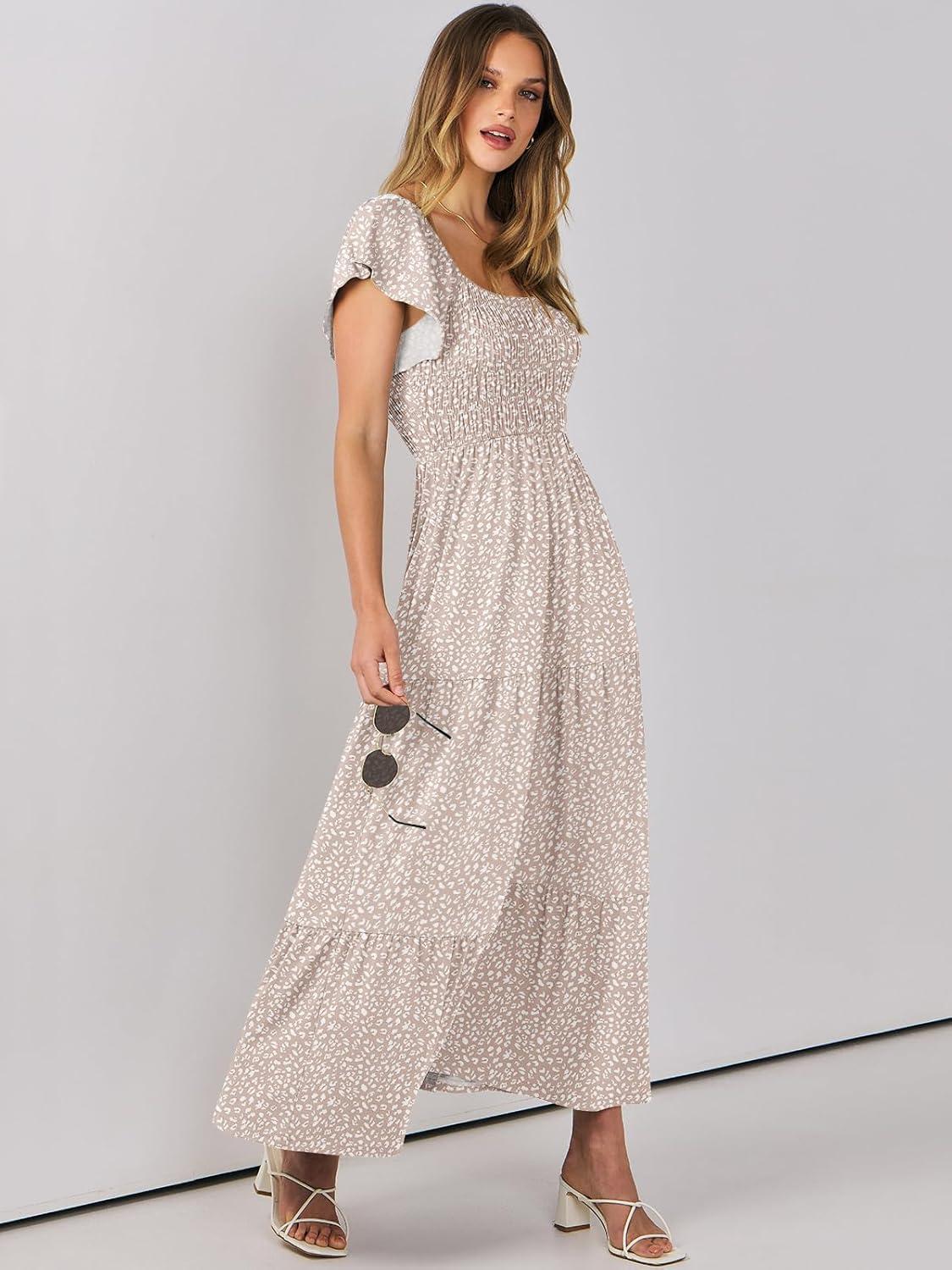 imageANRABESS Womens Casual Summer Maxi Dress Flutter Short Sleeve Scoop Neck Smocked A Line Flowy Beach Vacation Long DressesBeige Floral