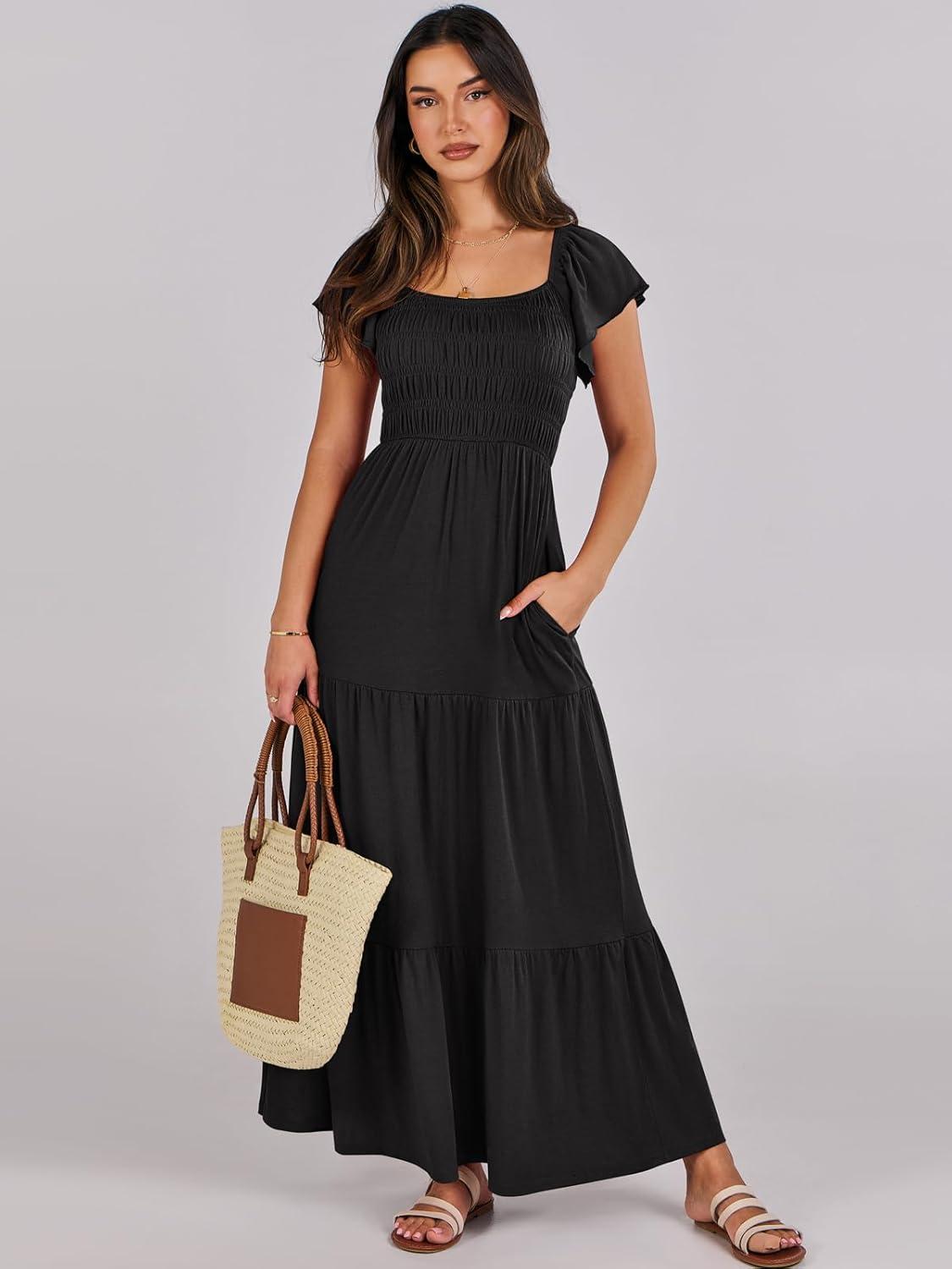 imageANRABESS Womens Casual Summer Maxi Dress Flutter Short Sleeve Scoop Neck Smocked A Line Flowy Beach Vacation Long DressesBlack