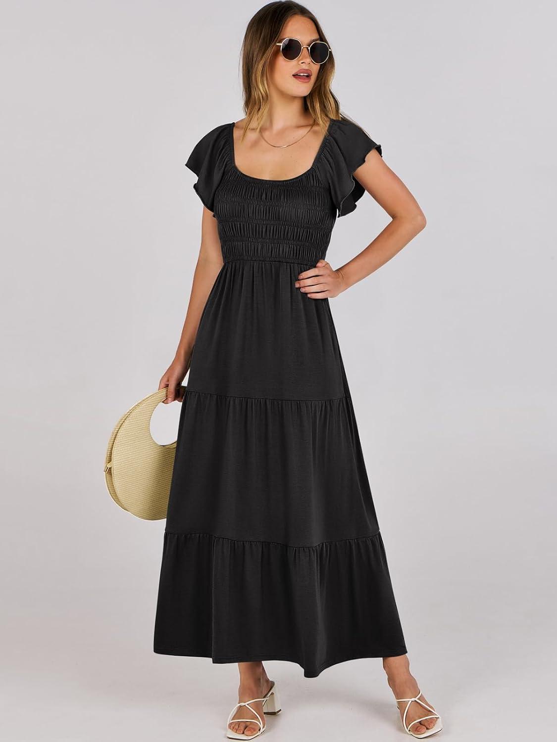 imageANRABESS Womens Casual Summer Maxi Dress Flutter Short Sleeve Scoop Neck Smocked A Line Flowy Beach Vacation Long DressesBlack