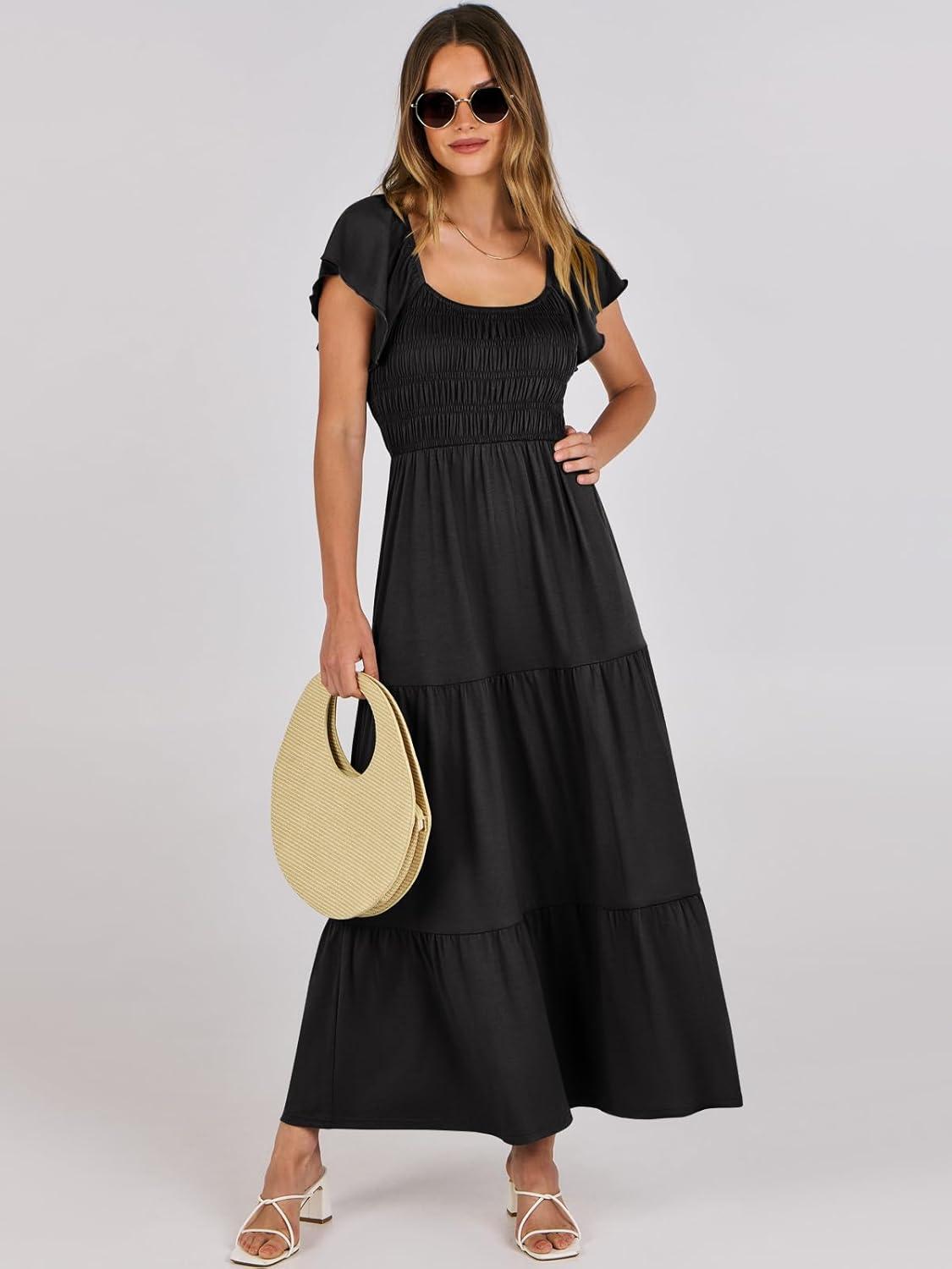 imageANRABESS Womens Casual Summer Maxi Dress Flutter Short Sleeve Scoop Neck Smocked A Line Flowy Beach Vacation Long DressesBlack