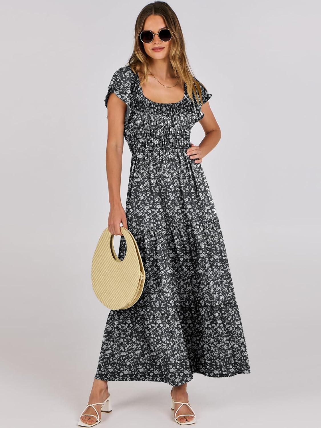 imageANRABESS Womens Casual Summer Maxi Dress Flutter Short Sleeve Scoop Neck Smocked A Line Flowy Beach Vacation Long DressesBlack Floral