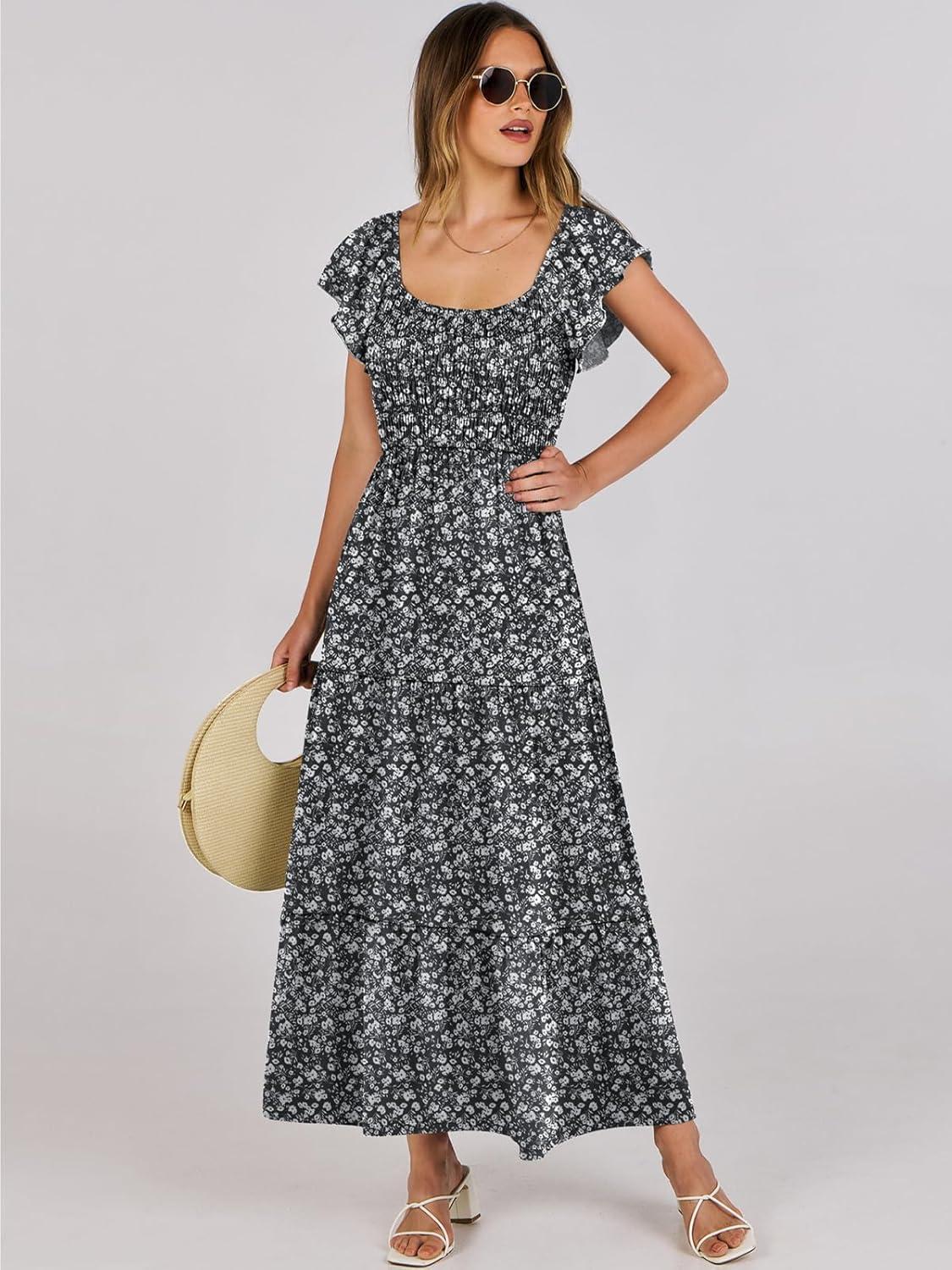 imageANRABESS Womens Casual Summer Maxi Dress Flutter Short Sleeve Scoop Neck Smocked A Line Flowy Beach Vacation Long DressesBlack Floral