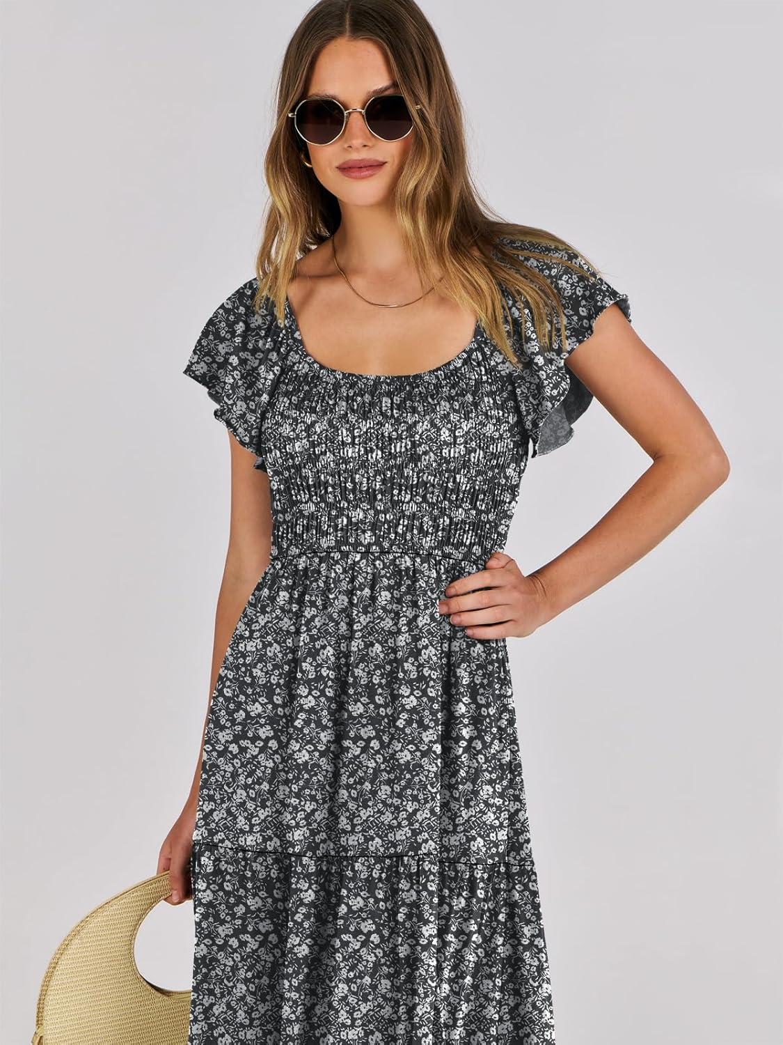 imageANRABESS Womens Casual Summer Maxi Dress Flutter Short Sleeve Scoop Neck Smocked A Line Flowy Beach Vacation Long DressesBlack Floral