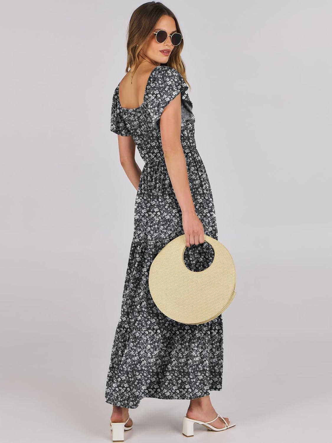 imageANRABESS Womens Casual Summer Maxi Dress Flutter Short Sleeve Scoop Neck Smocked A Line Flowy Beach Vacation Long DressesBlack Floral