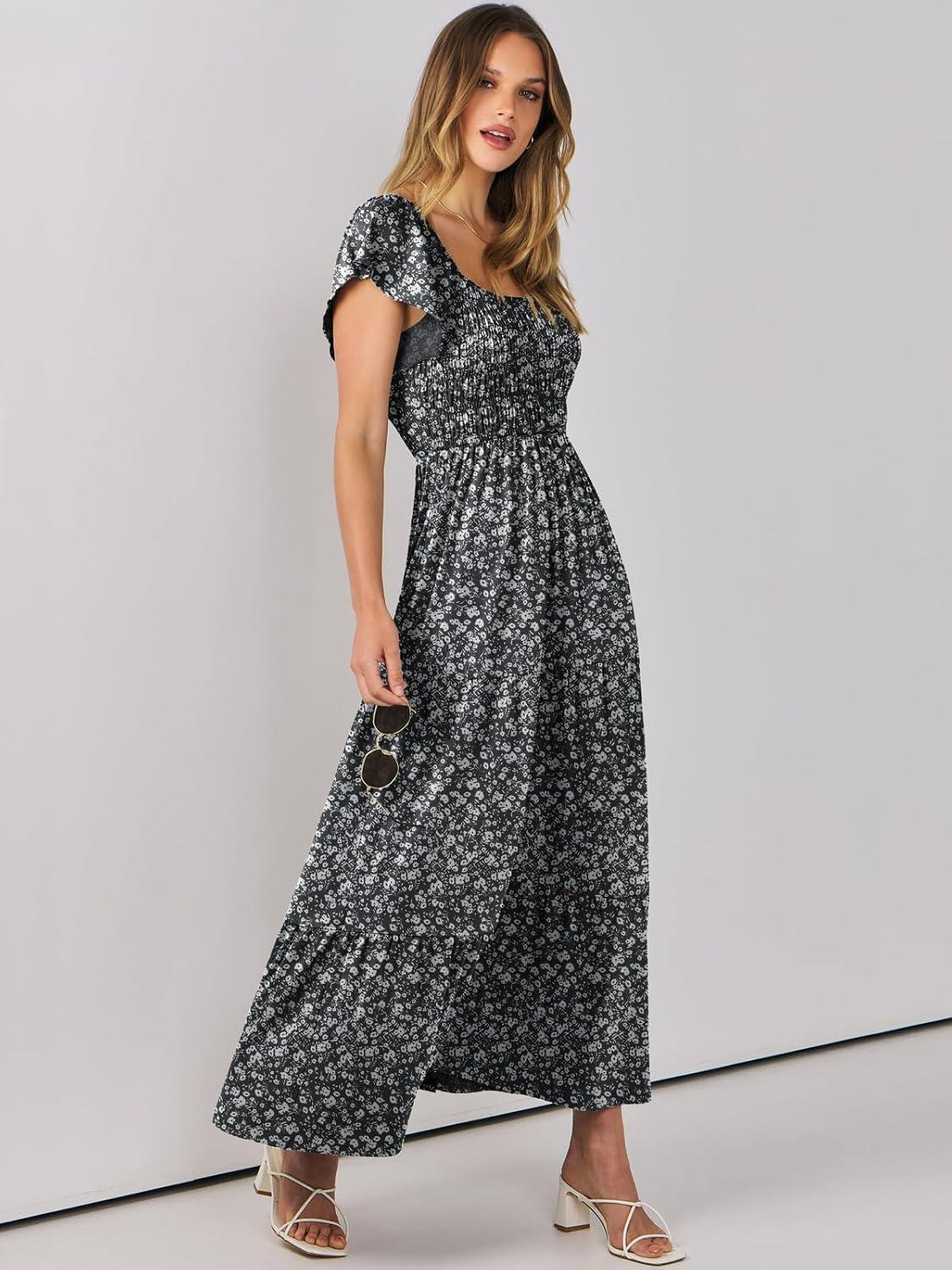 imageANRABESS Womens Casual Summer Maxi Dress Flutter Short Sleeve Scoop Neck Smocked A Line Flowy Beach Vacation Long DressesBlack Floral