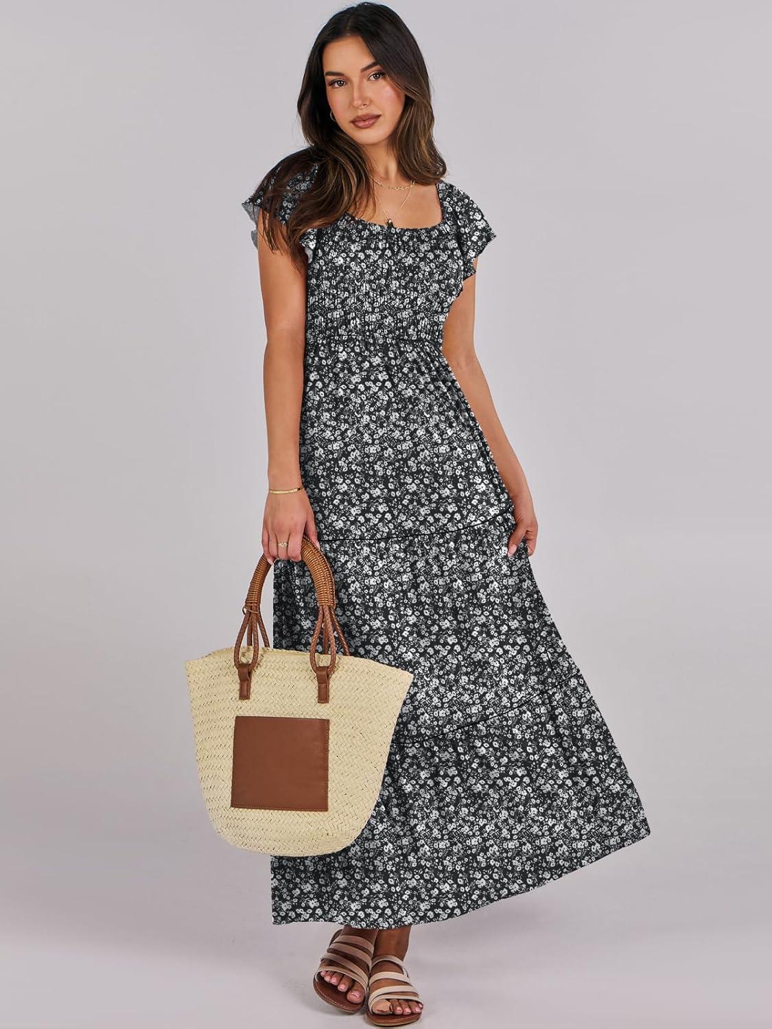 imageANRABESS Womens Casual Summer Maxi Dress Flutter Short Sleeve Scoop Neck Smocked A Line Flowy Beach Vacation Long DressesBlack Floral