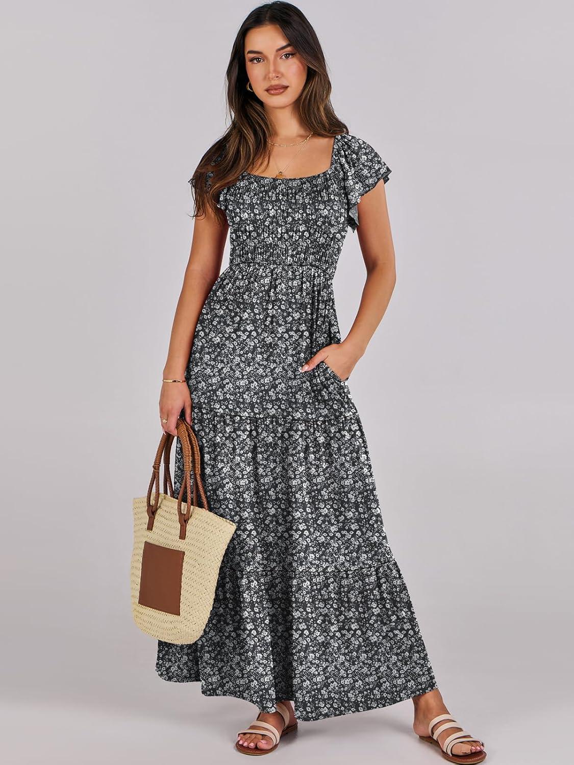 imageANRABESS Womens Casual Summer Maxi Dress Flutter Short Sleeve Scoop Neck Smocked A Line Flowy Beach Vacation Long DressesBlack Floral