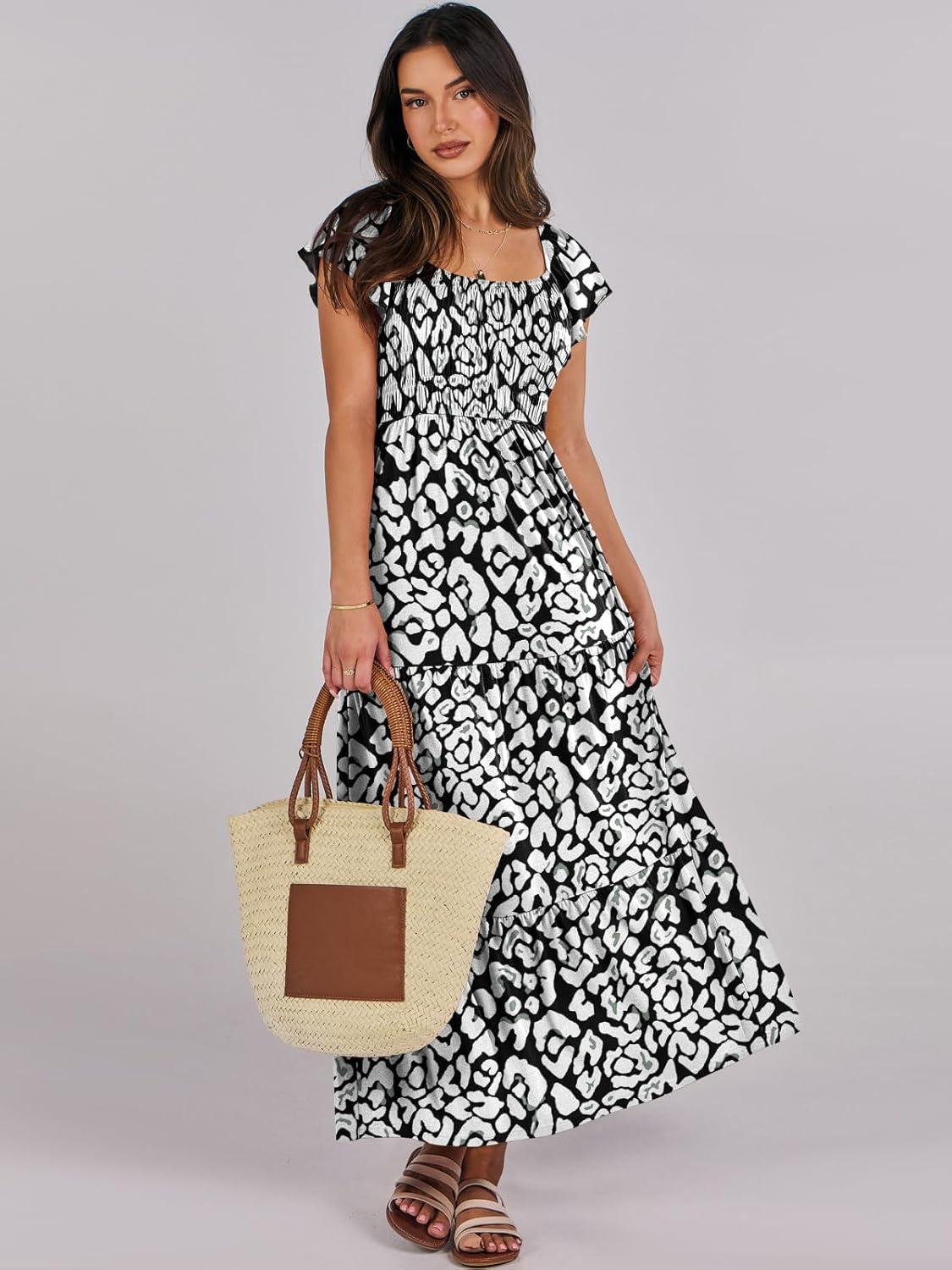 imageANRABESS Womens Casual Summer Maxi Dress Flutter Short Sleeve Scoop Neck Smocked A Line Flowy Beach Vacation Long DressesBlack White Floral