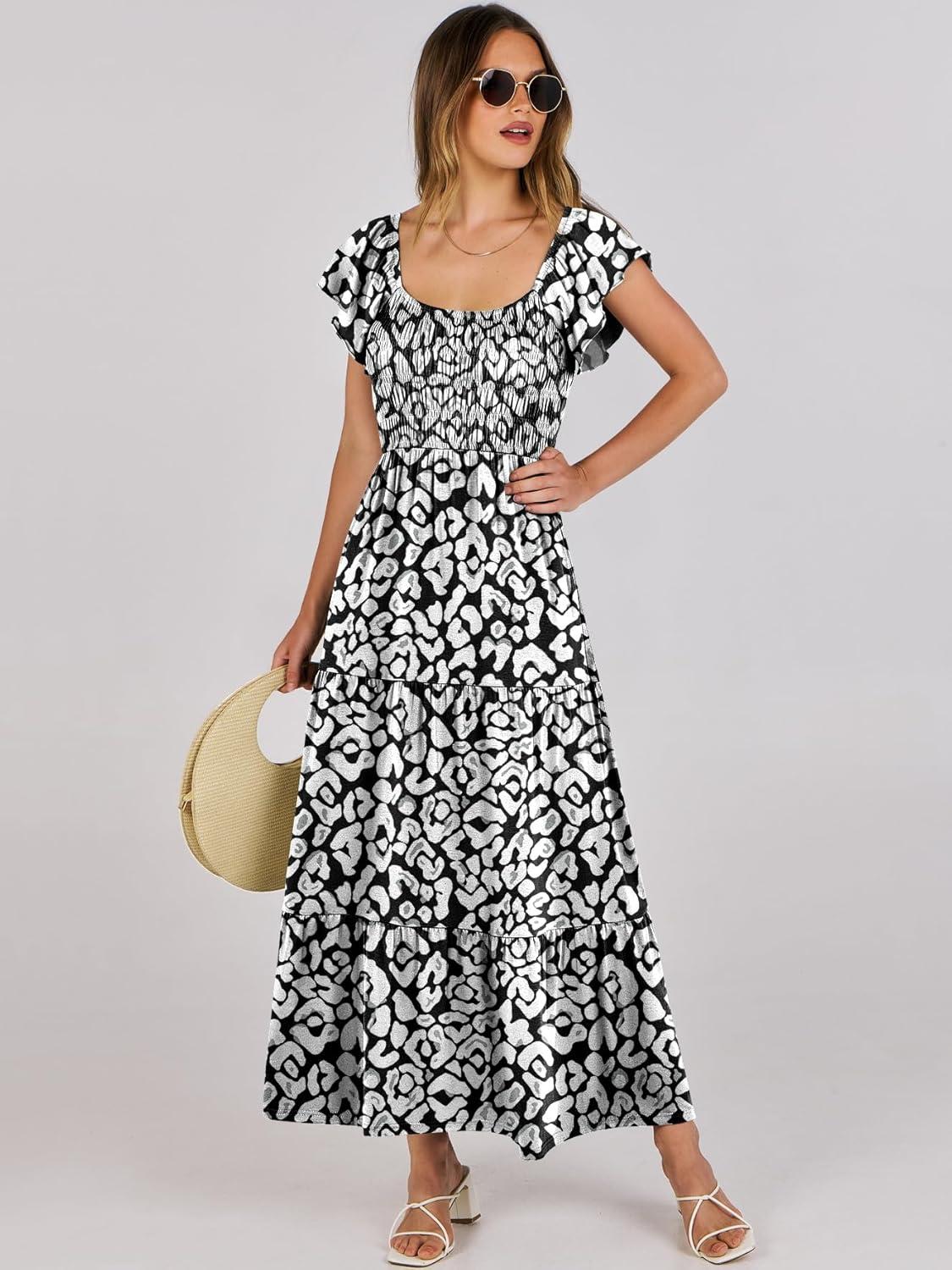 imageANRABESS Womens Casual Summer Maxi Dress Flutter Short Sleeve Scoop Neck Smocked A Line Flowy Beach Vacation Long DressesBlack White Floral