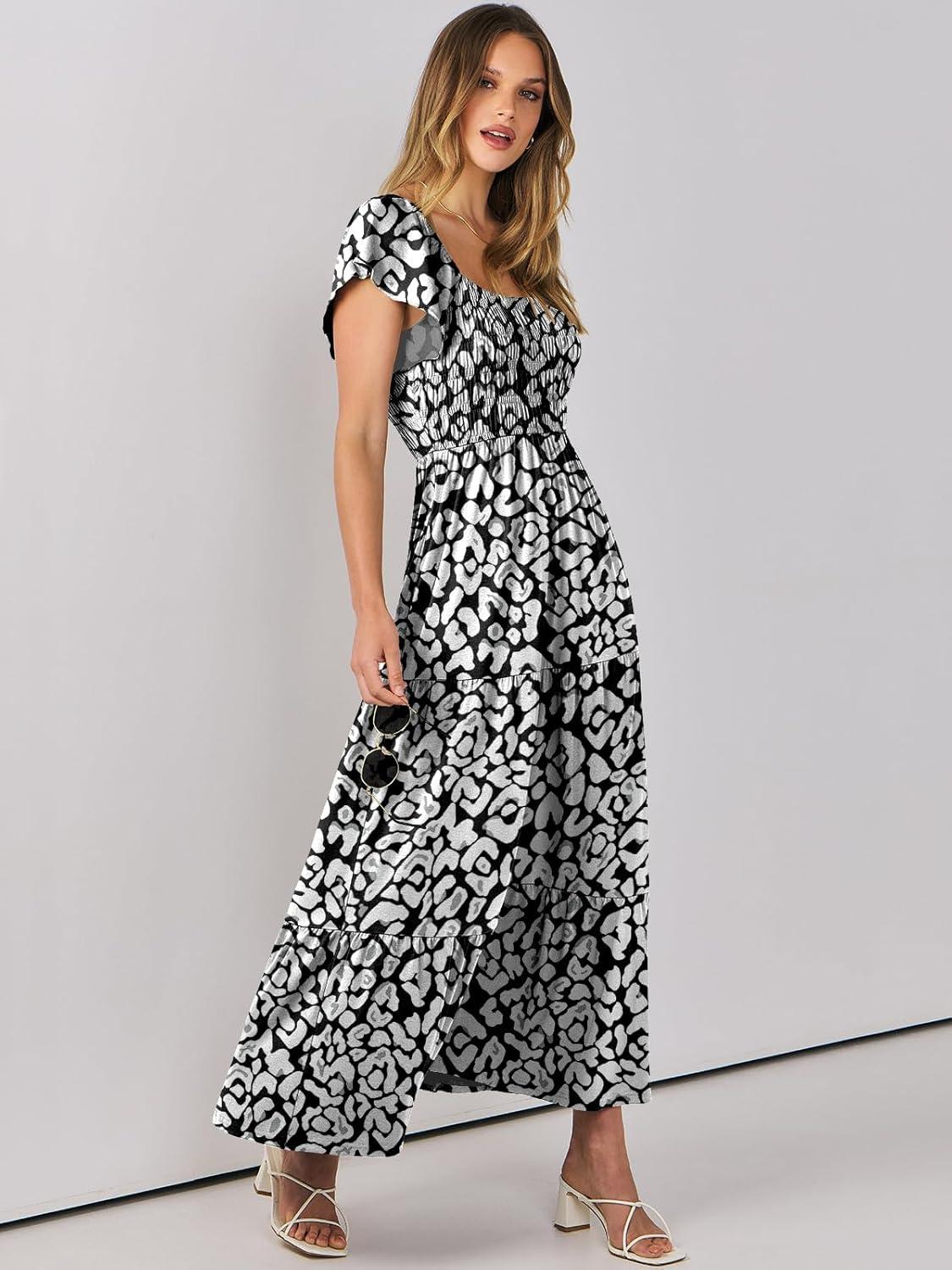 imageANRABESS Womens Casual Summer Maxi Dress Flutter Short Sleeve Scoop Neck Smocked A Line Flowy Beach Vacation Long DressesBlack White Floral