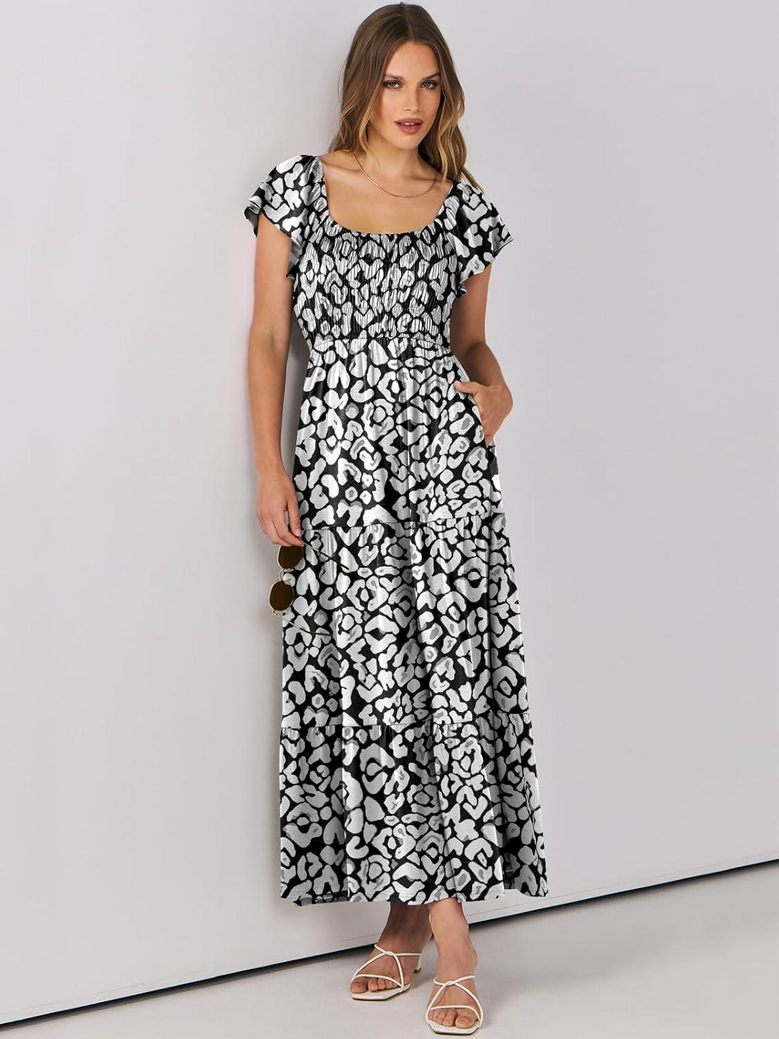 imageANRABESS Womens Casual Summer Maxi Dress Flutter Short Sleeve Scoop Neck Smocked A Line Flowy Beach Vacation Long DressesBlack White Floral