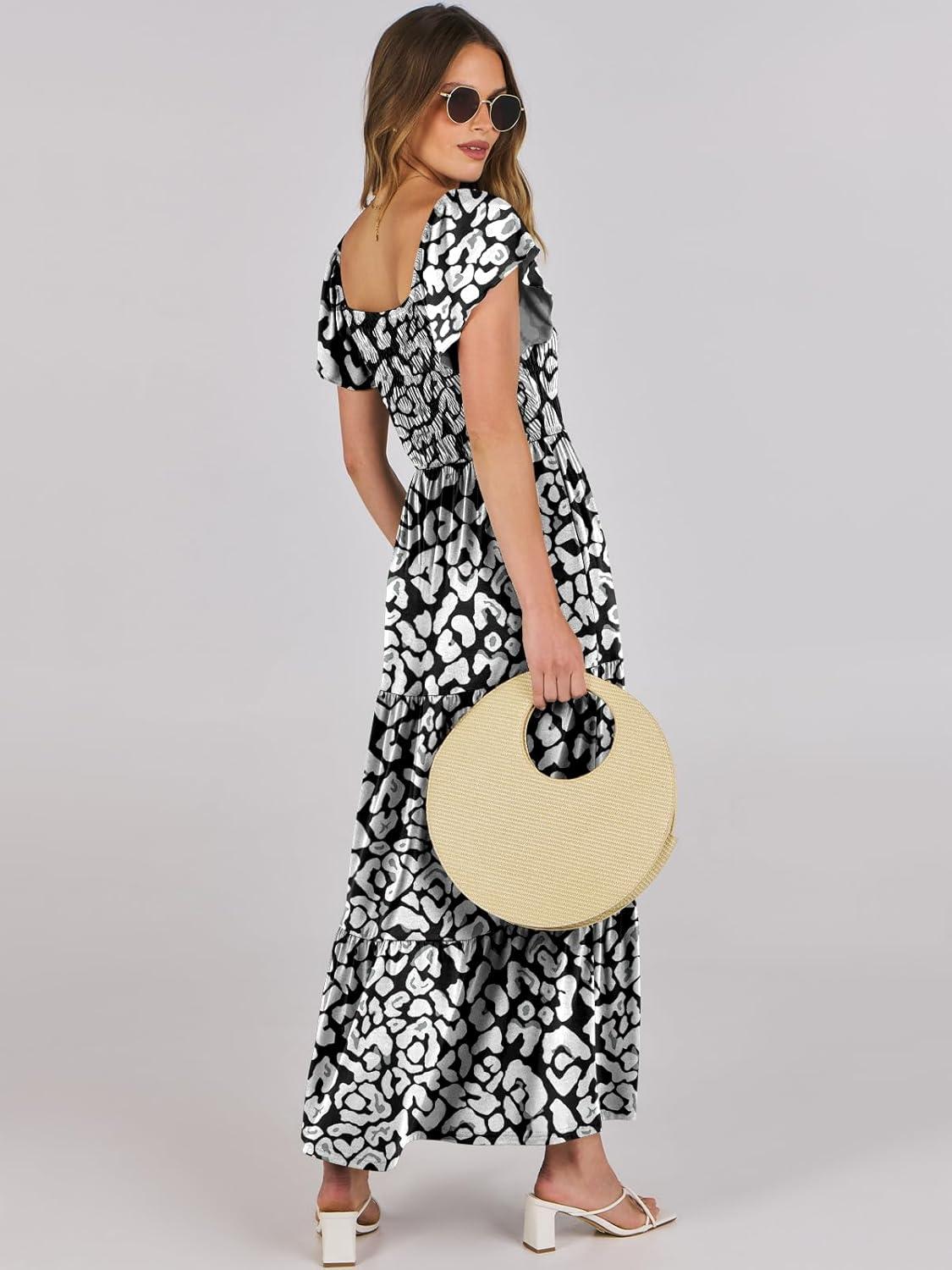 imageANRABESS Womens Casual Summer Maxi Dress Flutter Short Sleeve Scoop Neck Smocked A Line Flowy Beach Vacation Long DressesBlack White Floral