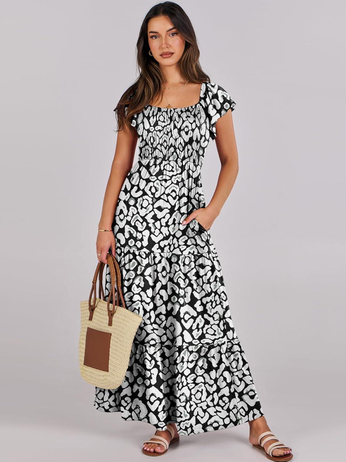 imageANRABESS Womens Casual Summer Maxi Dress Flutter Short Sleeve Scoop Neck Smocked A Line Flowy Beach Vacation Long DressesBlack White Floral