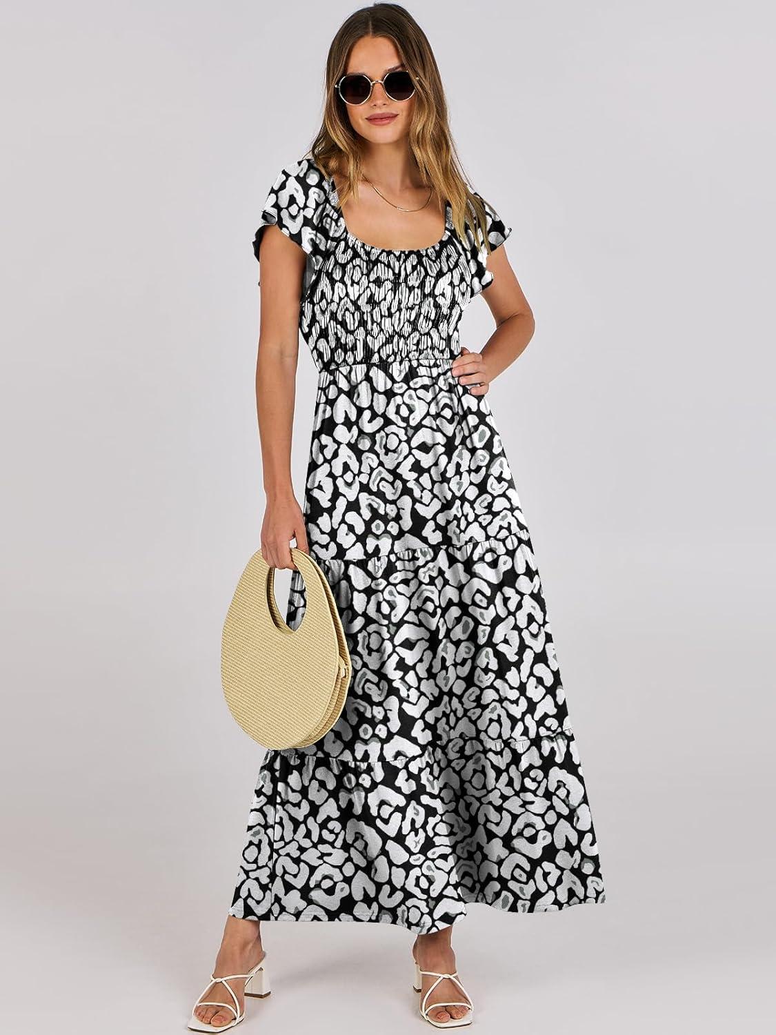 imageANRABESS Womens Casual Summer Maxi Dress Flutter Short Sleeve Scoop Neck Smocked A Line Flowy Beach Vacation Long DressesBlack White Floral