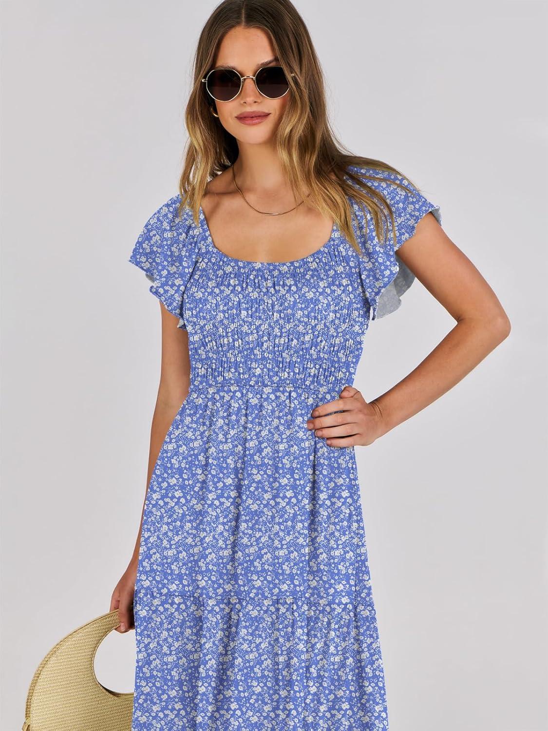 imageANRABESS Womens Casual Summer Maxi Dress Flutter Short Sleeve Scoop Neck Smocked A Line Flowy Beach Vacation Long DressesBlue Floral