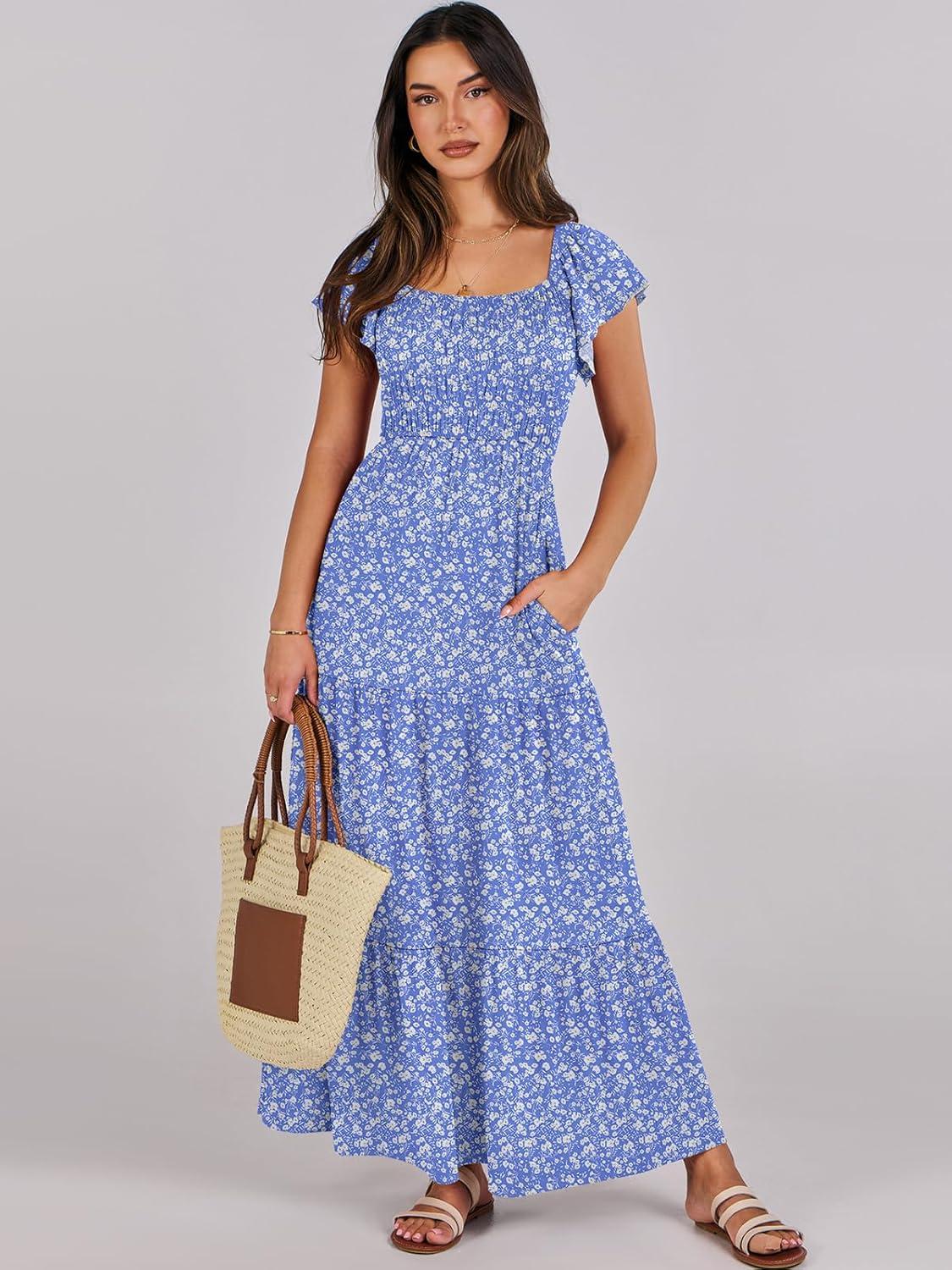 imageANRABESS Womens Casual Summer Maxi Dress Flutter Short Sleeve Scoop Neck Smocked A Line Flowy Beach Vacation Long DressesBlue Floral