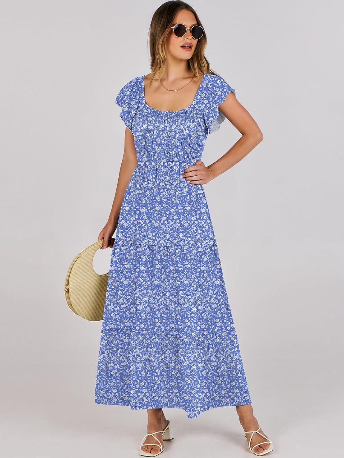 imageANRABESS Womens Casual Summer Maxi Dress Flutter Short Sleeve Scoop Neck Smocked A Line Flowy Beach Vacation Long DressesBlue Floral
