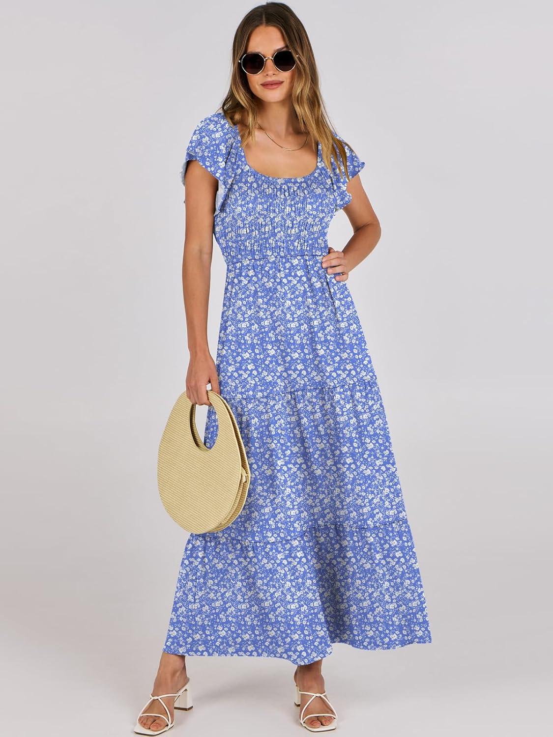 imageANRABESS Womens Casual Summer Maxi Dress Flutter Short Sleeve Scoop Neck Smocked A Line Flowy Beach Vacation Long DressesBlue Floral