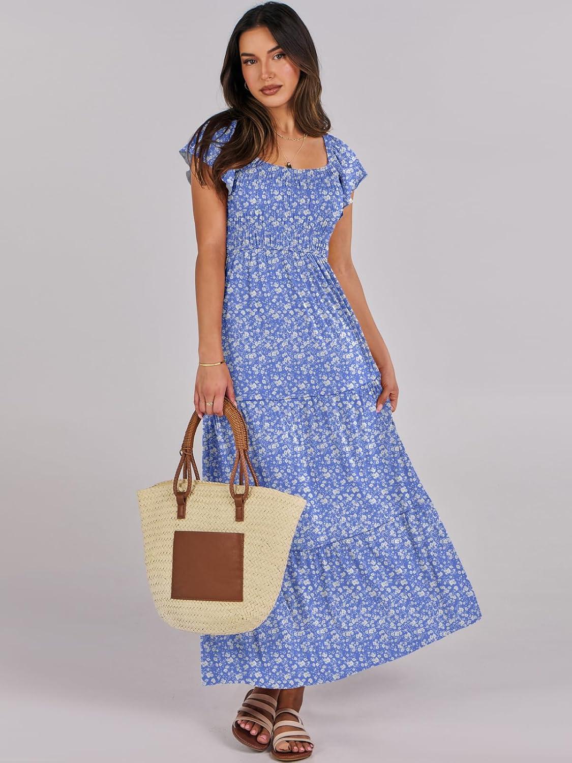 imageANRABESS Womens Casual Summer Maxi Dress Flutter Short Sleeve Scoop Neck Smocked A Line Flowy Beach Vacation Long DressesBlue Floral