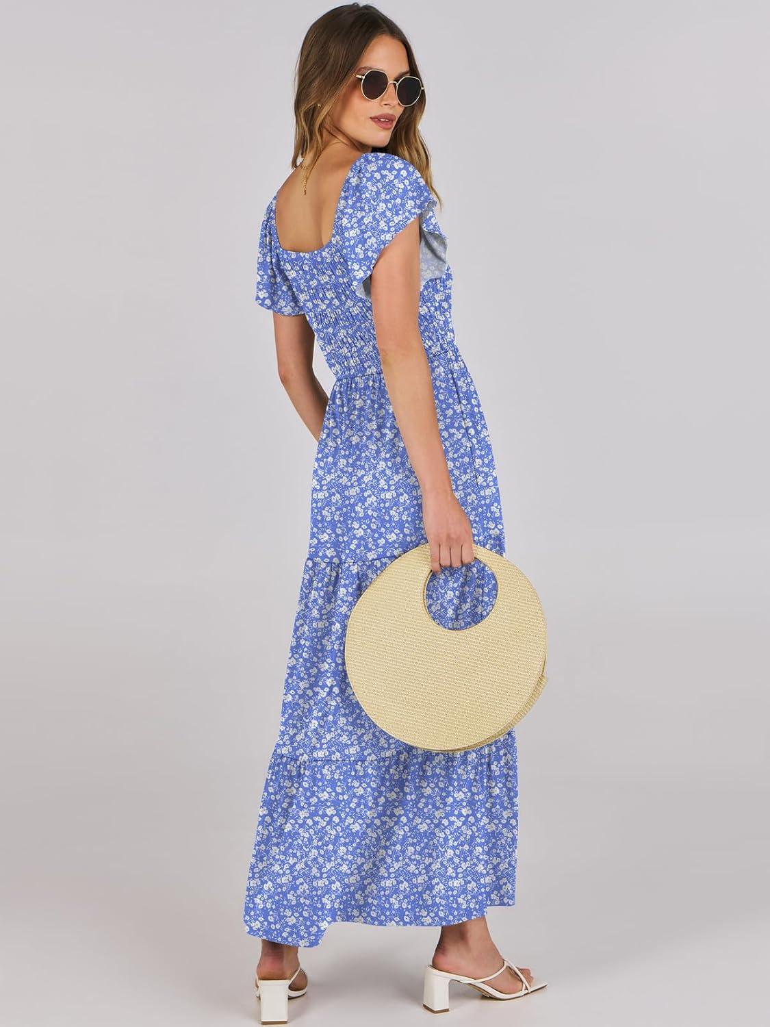 imageANRABESS Womens Casual Summer Maxi Dress Flutter Short Sleeve Scoop Neck Smocked A Line Flowy Beach Vacation Long DressesBlue Floral