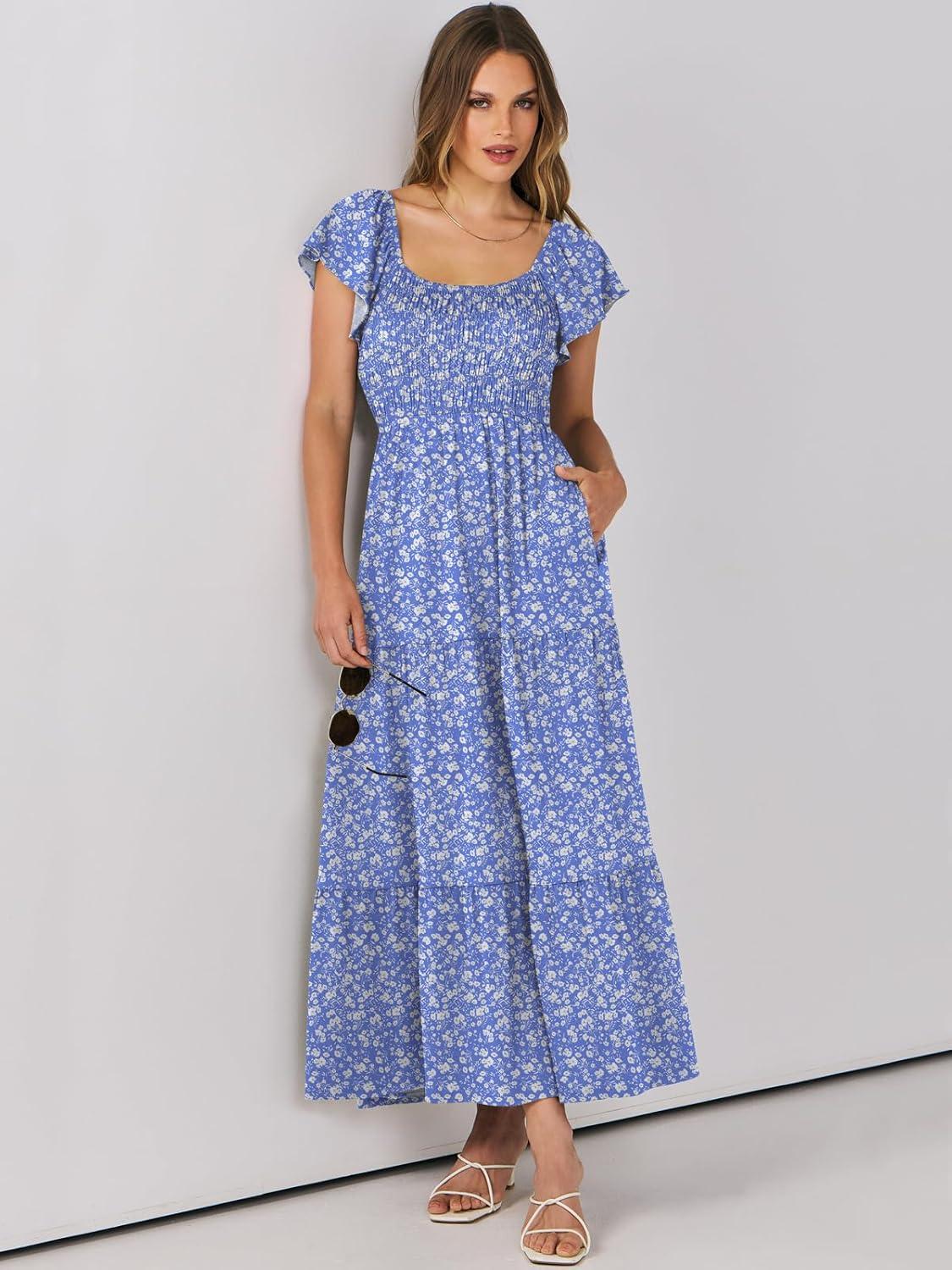 imageANRABESS Womens Casual Summer Maxi Dress Flutter Short Sleeve Scoop Neck Smocked A Line Flowy Beach Vacation Long DressesBlue Floral