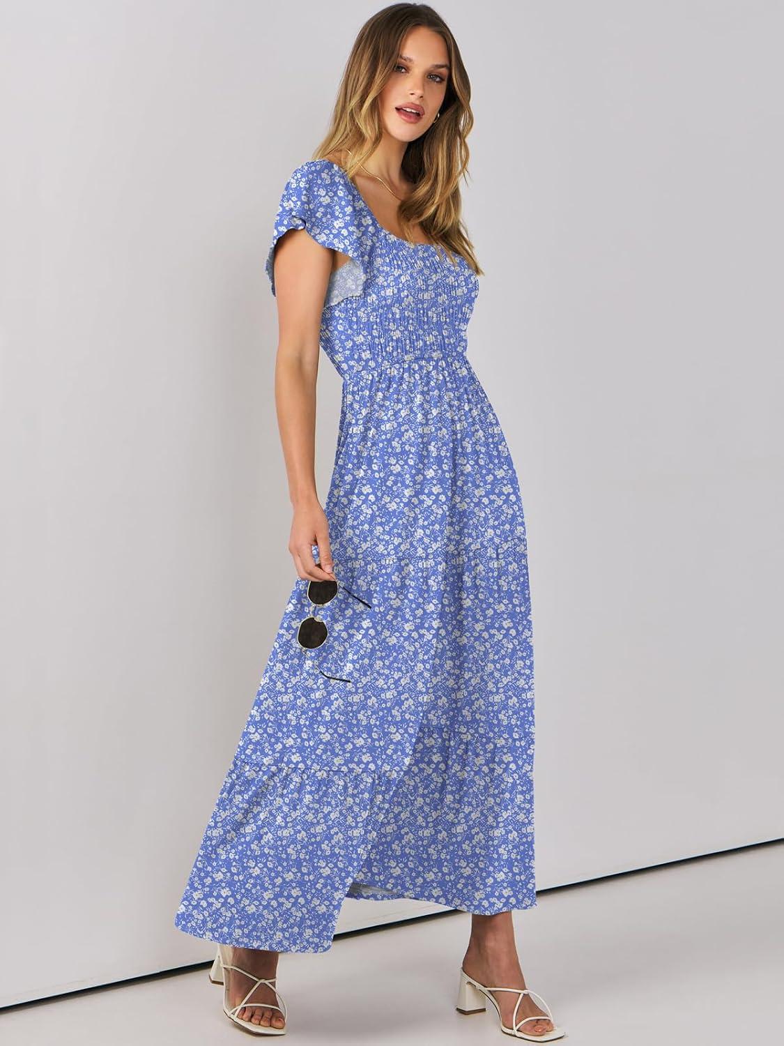 imageANRABESS Womens Casual Summer Maxi Dress Flutter Short Sleeve Scoop Neck Smocked A Line Flowy Beach Vacation Long DressesBlue Floral