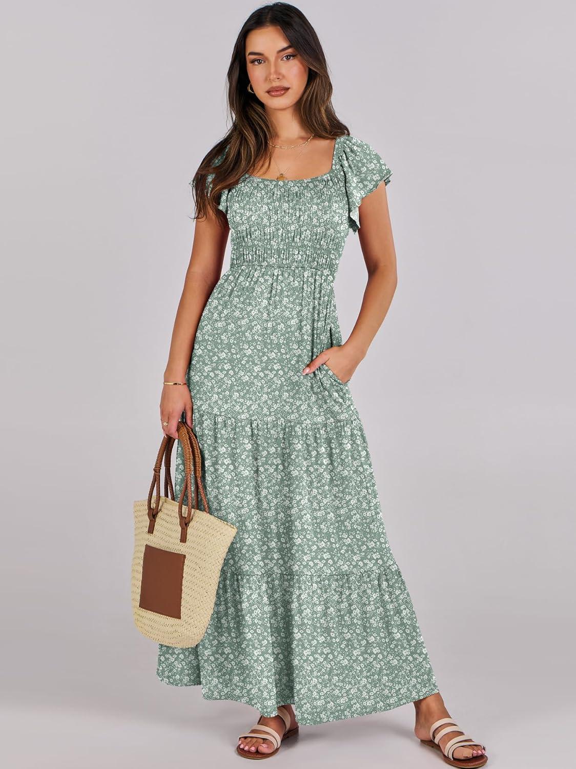 imageANRABESS Womens Casual Summer Maxi Dress Flutter Short Sleeve Scoop Neck Smocked A Line Flowy Beach Vacation Long DressesGreen Floral