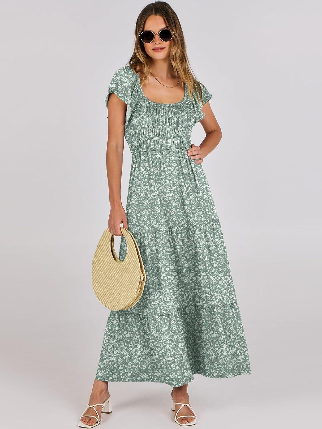 imageANRABESS Womens Casual Summer Maxi Dress Flutter Short Sleeve Scoop Neck Smocked A Line Flowy Beach Vacation Long DressesGreen Floral