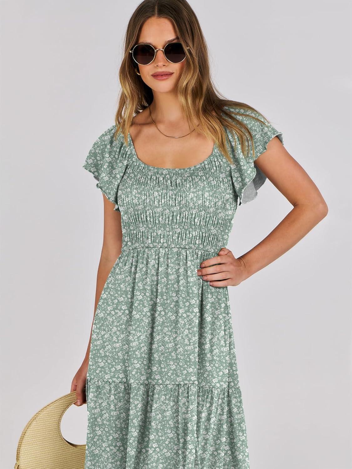 imageANRABESS Womens Casual Summer Maxi Dress Flutter Short Sleeve Scoop Neck Smocked A Line Flowy Beach Vacation Long DressesGreen Floral